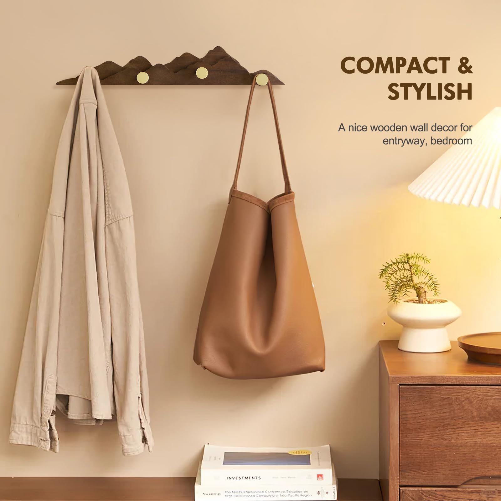 Jotsport Perchero de pared con 4 ganchos de latón para colgar abrigos, sombreros, bolsas, toallas, ganchos decorativos de madera para pasillo, beroom y baño