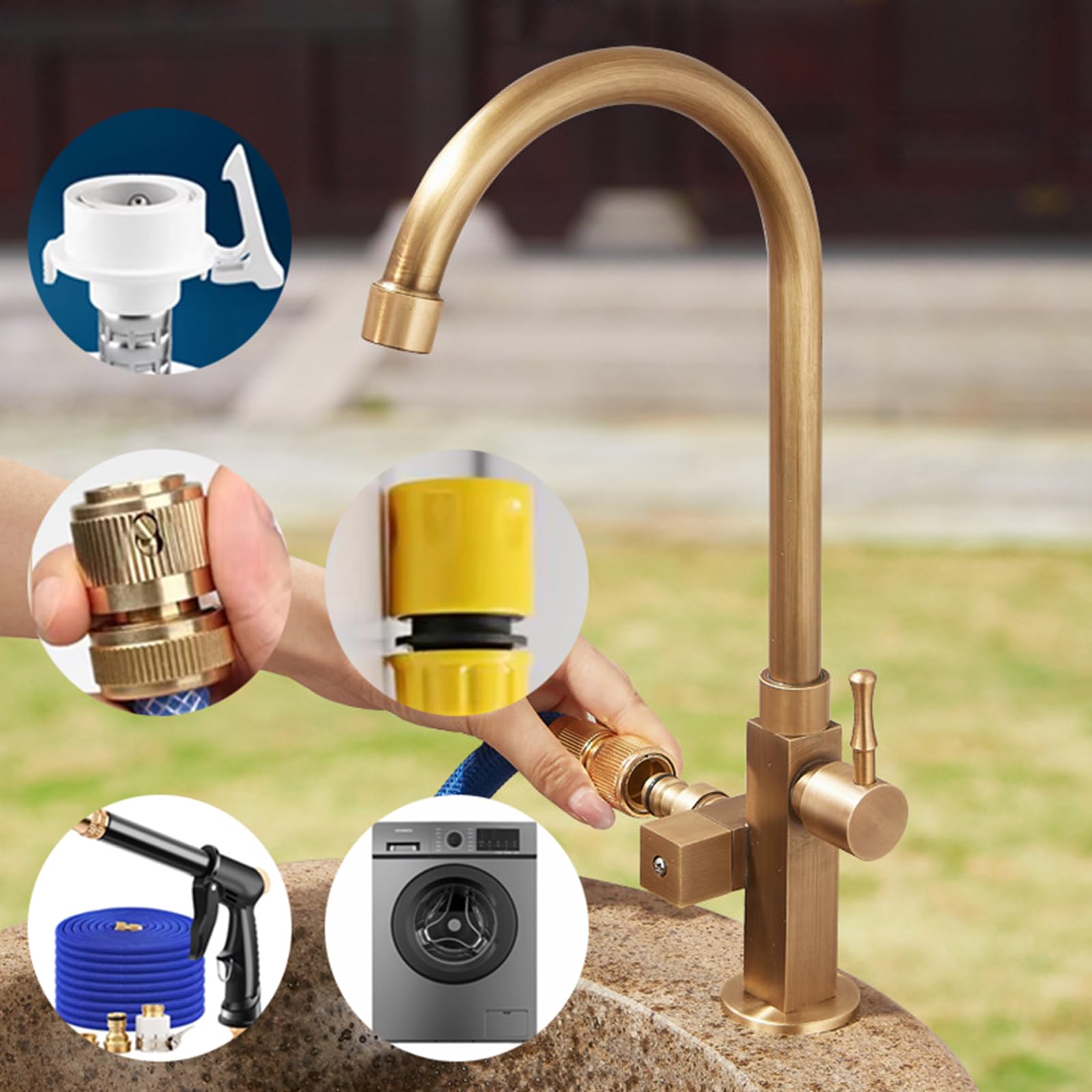 Grifo Exterior Agua Fria Giratorio De 360° De 1/2 Pulgada Grifo Lavadora Doble Salida para Baño O Cocina