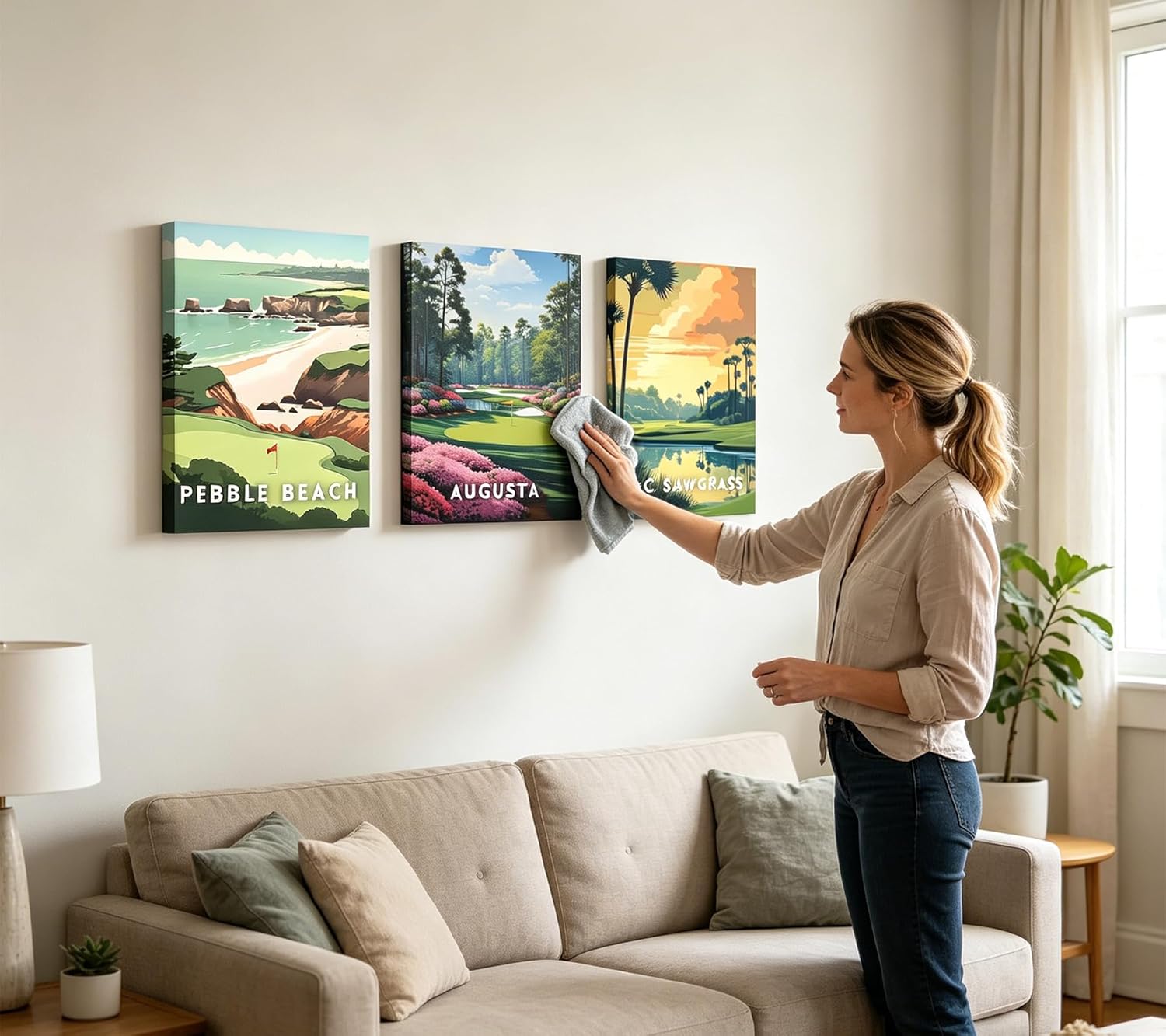 3Pcs Golf Course Canvas Wall Art Picturesque Golf Course Painting Picture Wall Decor Country Club Sports Poster Print Artwork for Modern Office Bedroom Living Room Home Decoration 16x24in Framed