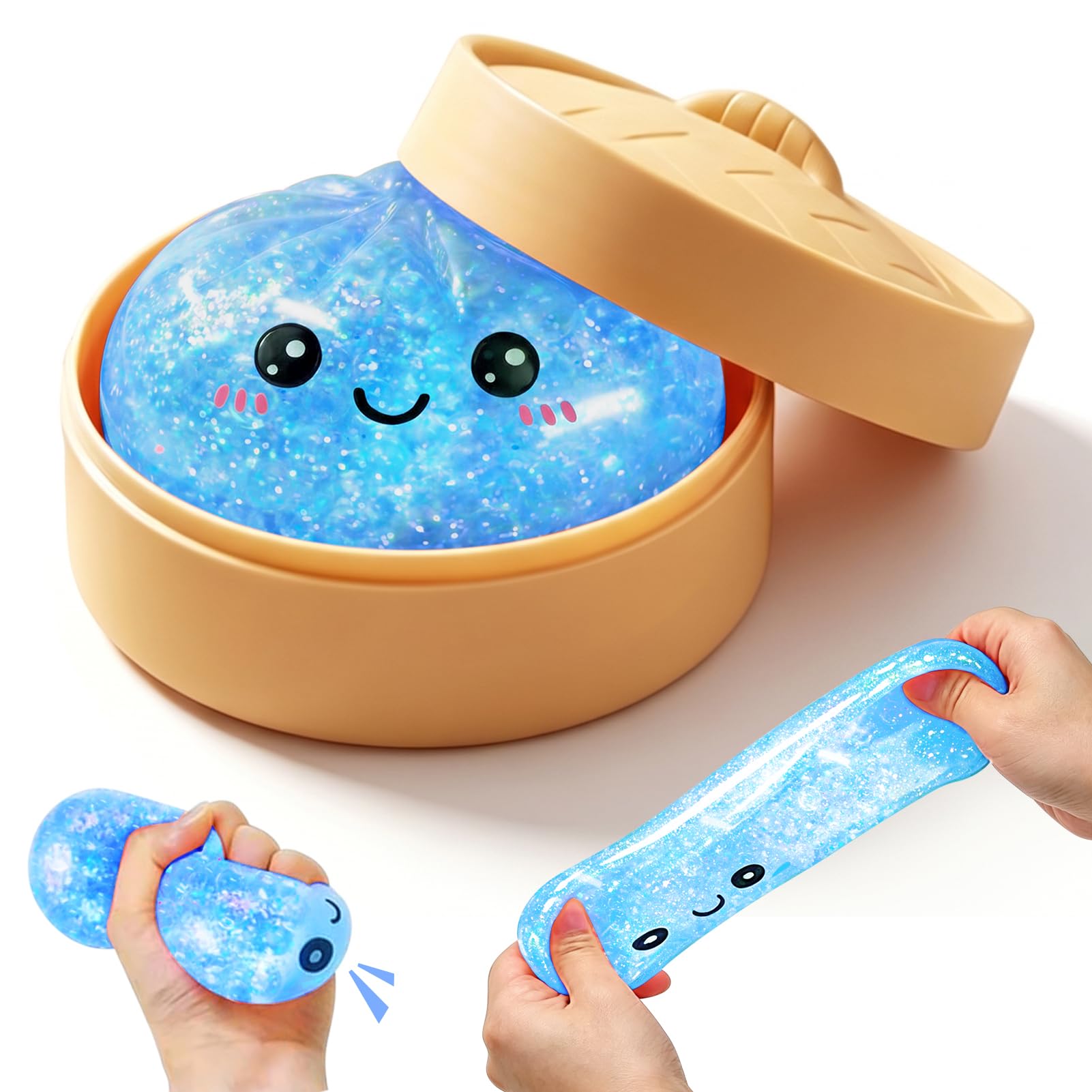 Glitter Dumpling Squishy,with Steamer Box,Squish-y Dumpling Toy,Giant Mystery Dumplings Squishy,Anxiety Relief Fidget Toy,Sensory Squeeze Toys,Cute Dumplings Stress Balls,For Kids Adults(Blue)