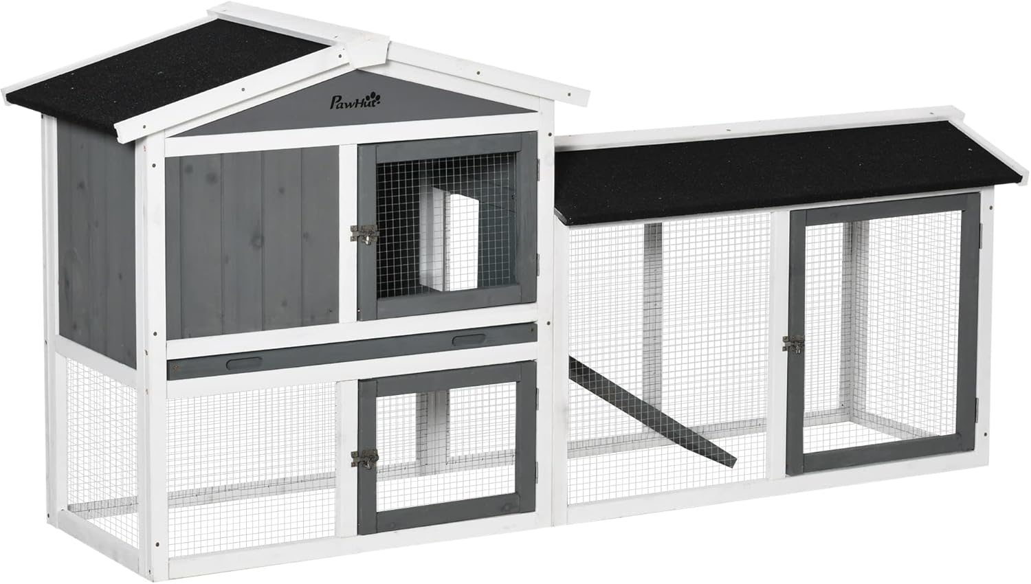 Wooden Rabbit Hutch, Outdoor Large Rabbit Cage with Run, Tray, Ramp, Asphalt Roof for 1-3 Rabbits, Guinea Pigs, White