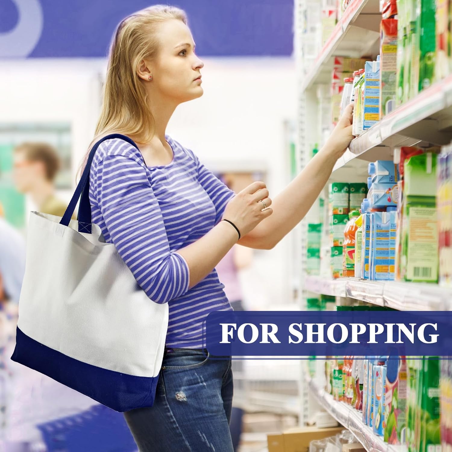 Weewooday 10 Pack Canvas Tote Bag Large Blank Reusable Grocery Bags with Handles DIY Cloth for Shopping Beach Travel(Navy Blue, White) - Image 2