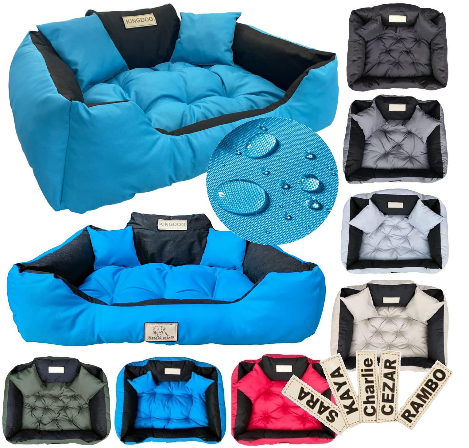 KING DOG Cama para perros 130 x 105 cm personalizada impermeable azul con cojín