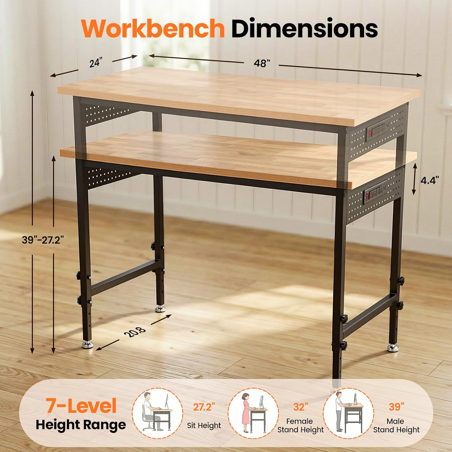48" Adjustable Heavy Duty Workbench - 2000LBS Load Capacity Wood Work Table with Power Strip, Pegboard with 6 Hooks - Ideal Workbench for Garage, Workshop, Office, Home, Commercial Use