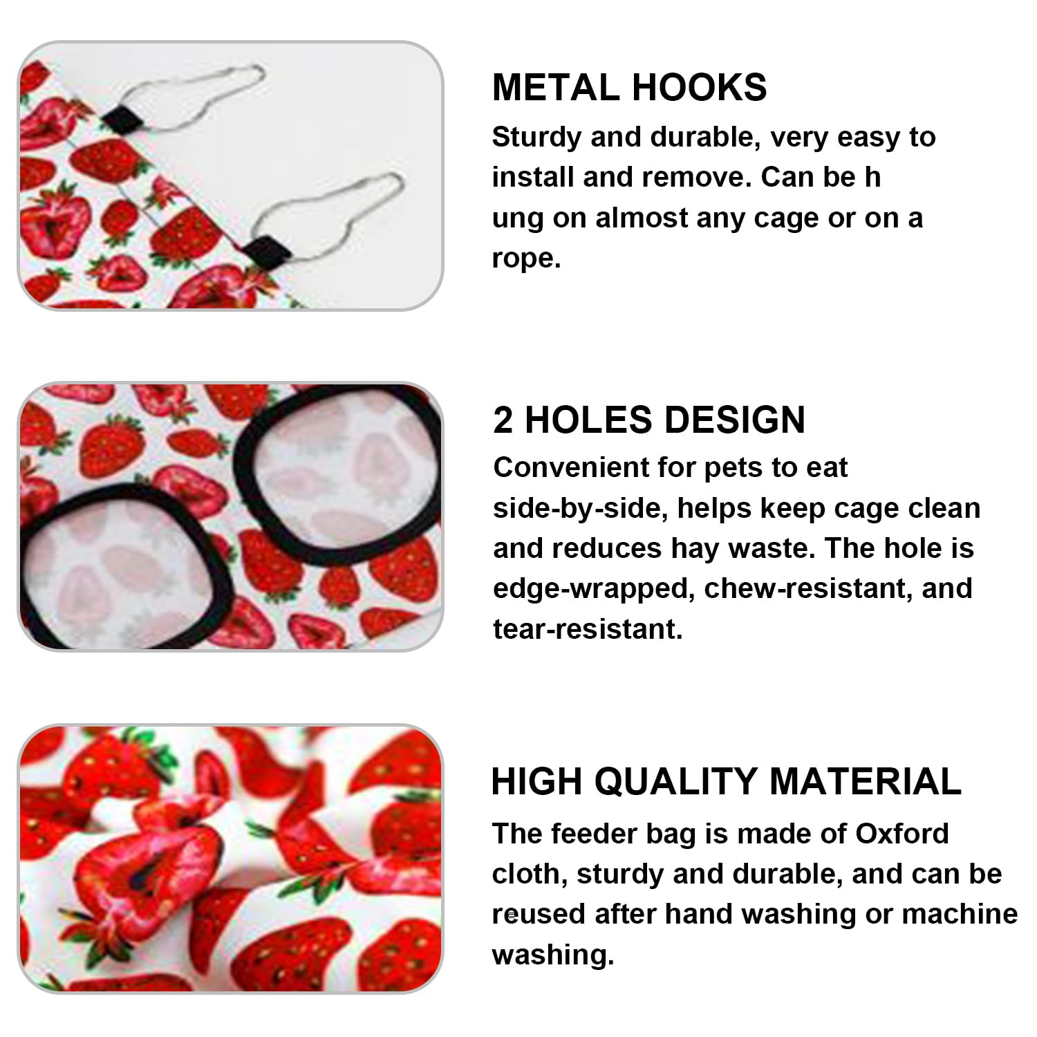 3 Pcs Rabbit Hay Feeder Bags - 2 Hole Hanging Rabbit Hay Feeder for Guinea Pigs, Chinchillas, Hamsters and Small Pets | Durable Anti-Waste Bunny Feeding Bag with Metal Hooks, Washable - image 7