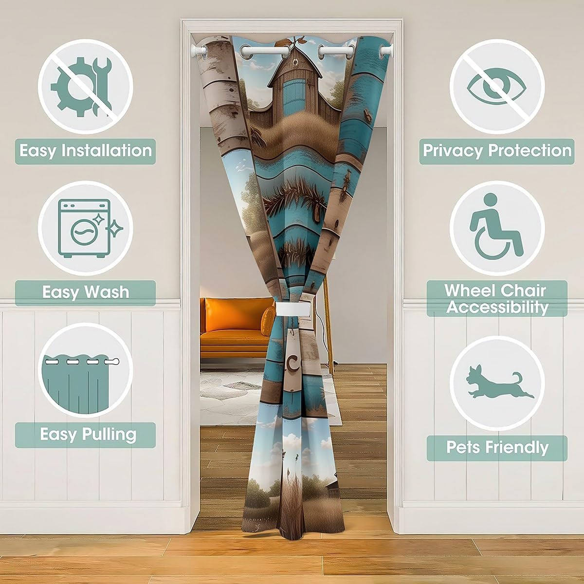 Manfei Farmhouse Door Curtain Grey Blue Wooden Plank Doorway Curtain for Closet Door, Cock Farm Animal Door Drapes Blackout Curtain for Bedroom Privacy, Kids Boys Room Decor, 60"x80" 1 Panel