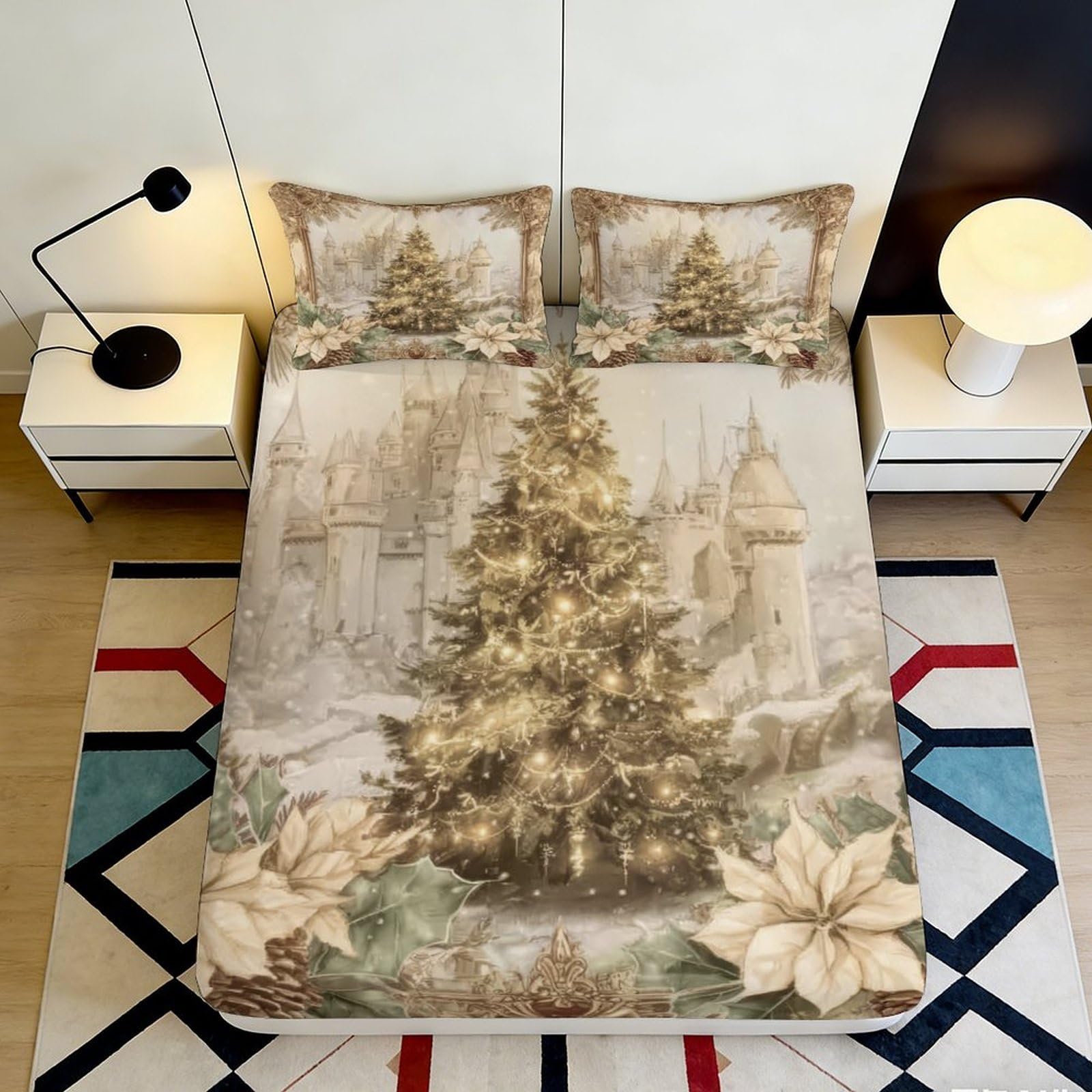 3D Printed Christmas Tree Fitted Sheet Microfiber Soft Beige Gold Poinsettia Bed Cover for Bedroom Guest Room Decor 90x200x25cm