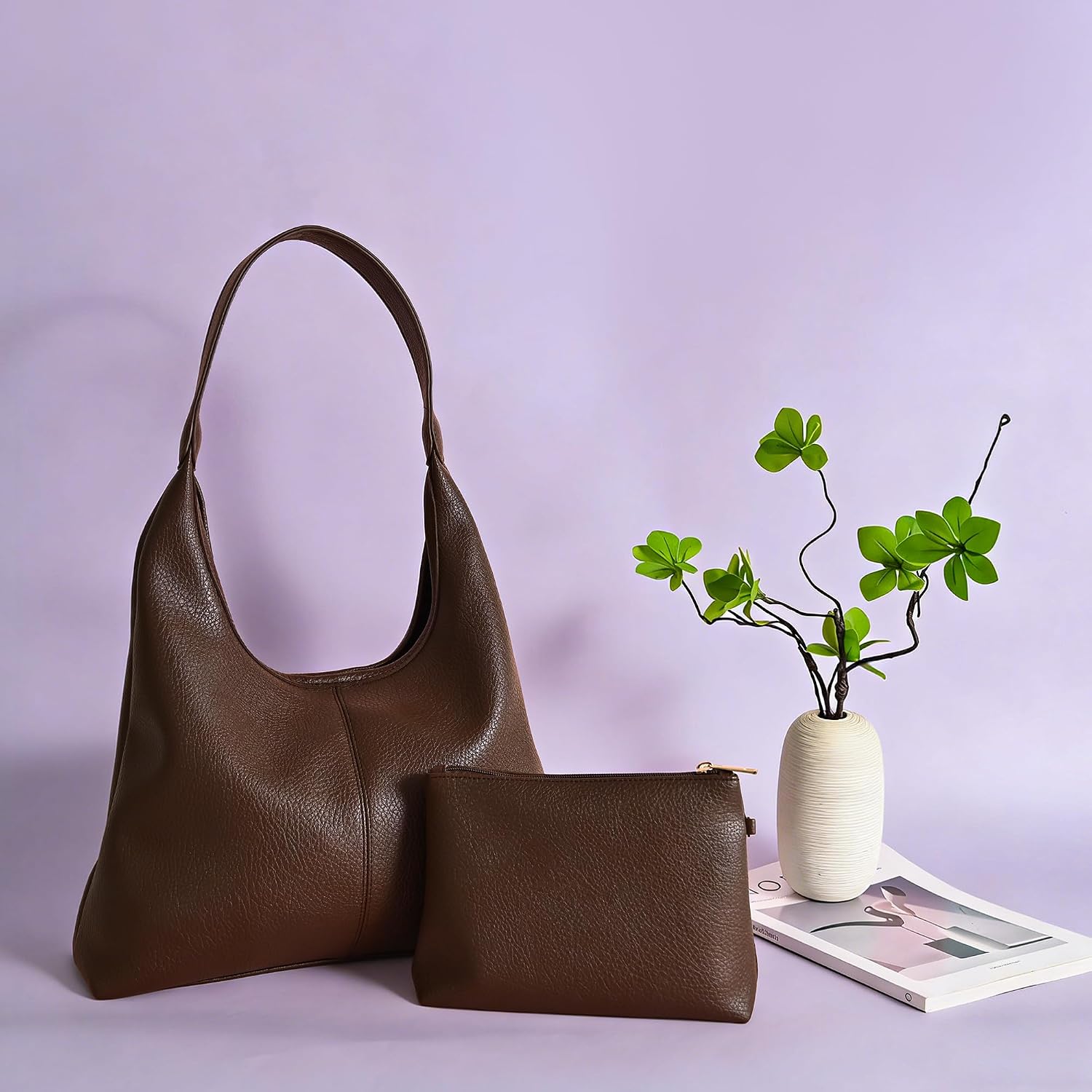 Hobo Bag for Women, Coffee Brown Soft Vegan Leather Slouchy Shoulder Bag with Matching Zip Pouch | Magnetic Snap, Matching Zip Pouch, Built-In Key Leash, 2 Slip+1 Zip Pocket, Soft Vegan Leather, Slouchy Hobo