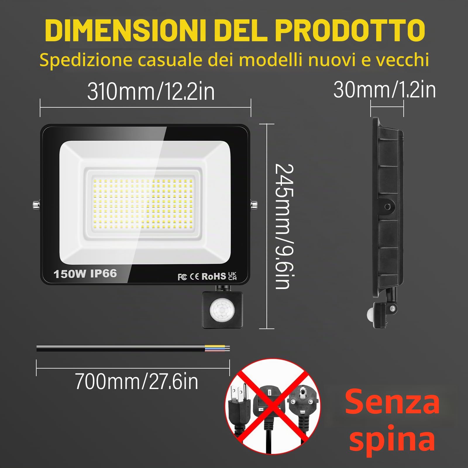 RIGIDON 2x 150W 15000lm faretto con pir sensore di movimento proiettori led | senza spina, 6000K bianco freddo, fari di Sicurezza, luci esterno per giardino garage patio terrazza cortile, impermeabile