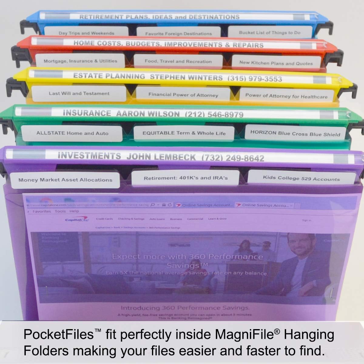 Ultimate Office MagniFile Hanging File Folders V-Bottom Letter Size, Set of 5 Assorted Color Magnified Indexes Plus 18 Removable PocketFile Clear Poly Interior Document Folders with 3rd Cut Tabs : Office Products