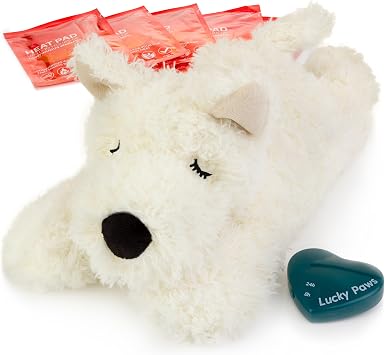 Lucky Paws  UK heartbeat toy for puppy - puppy heartbeat comforter for separation anxiety - calming dog toys - heart beat teddy for dogs - dog anxiety toy Snowy, White