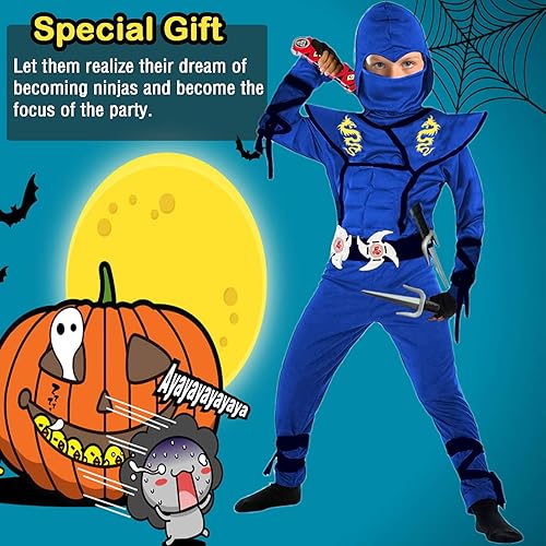 Miniatura 2 de SATKULL Disfraz de ninja azul para niños juego de disfraz de lujo de Halloween con accesorios de espuma ninja para fiesta de niños