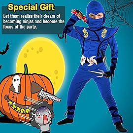 SATKULL Blue Ninja Costume for Kids Ninja Deluxe Costumes Set with Ninjas Accessories for Boy Dress Up(Kids-XL-10/12T Blue)