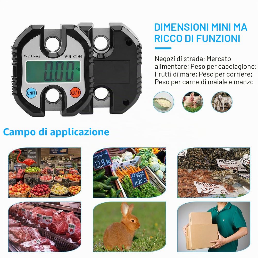 Fdit Mini Bilancia Elettronica Digitale Portatile con Gancio Display LCD Digitale Elettronico Gancio Appeso Bilance Ciclo Bilancia per Casa Azienda Agricola Caccia Esterna (Nero)