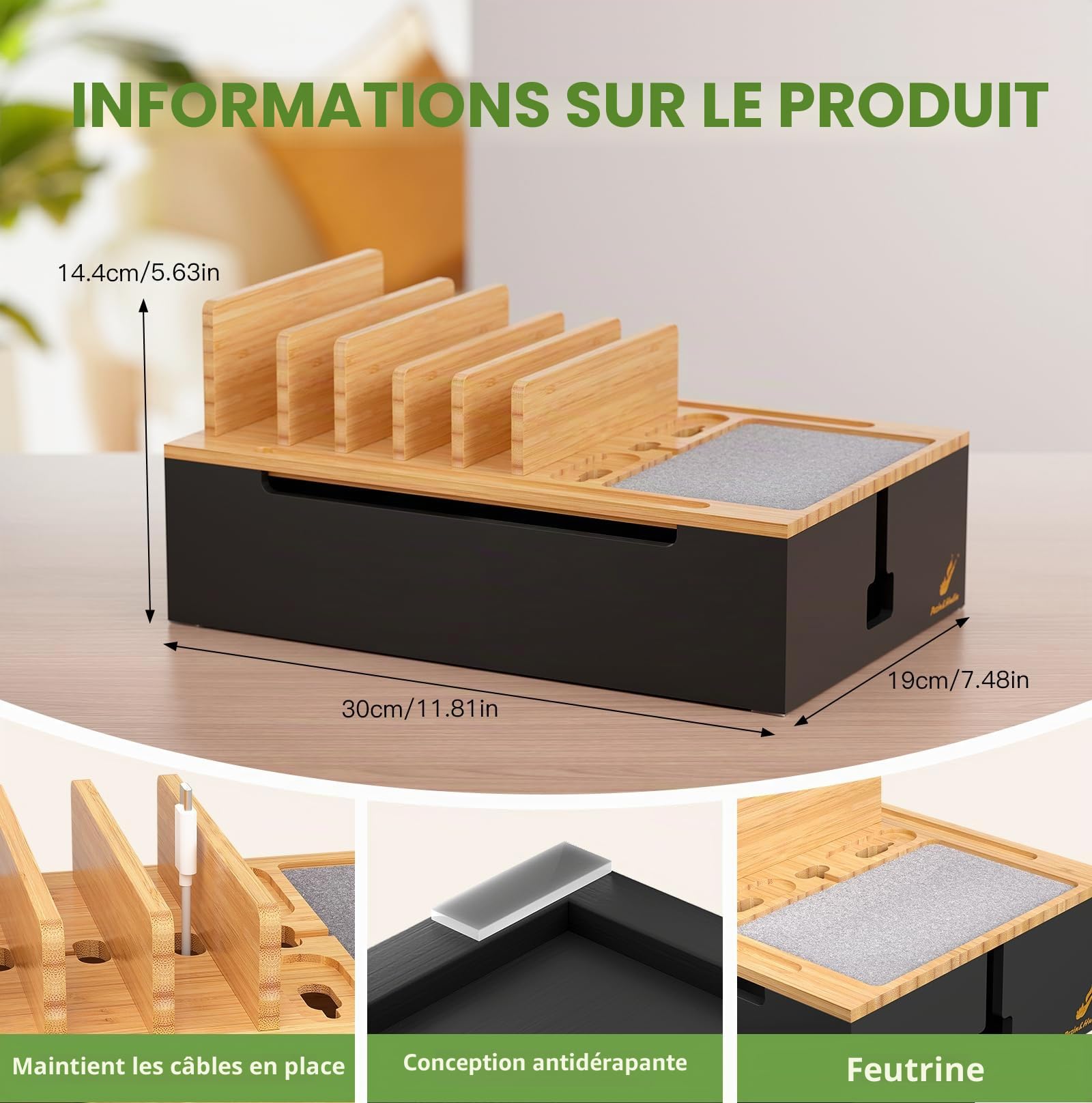 Pezin & Hulin Station de charge en bambou, organiseur d'appareils électroniques pour plusieurs appareils tels que téléphone portable, tablette, montre et plus encore, naturel + noir, (pas de chargeur