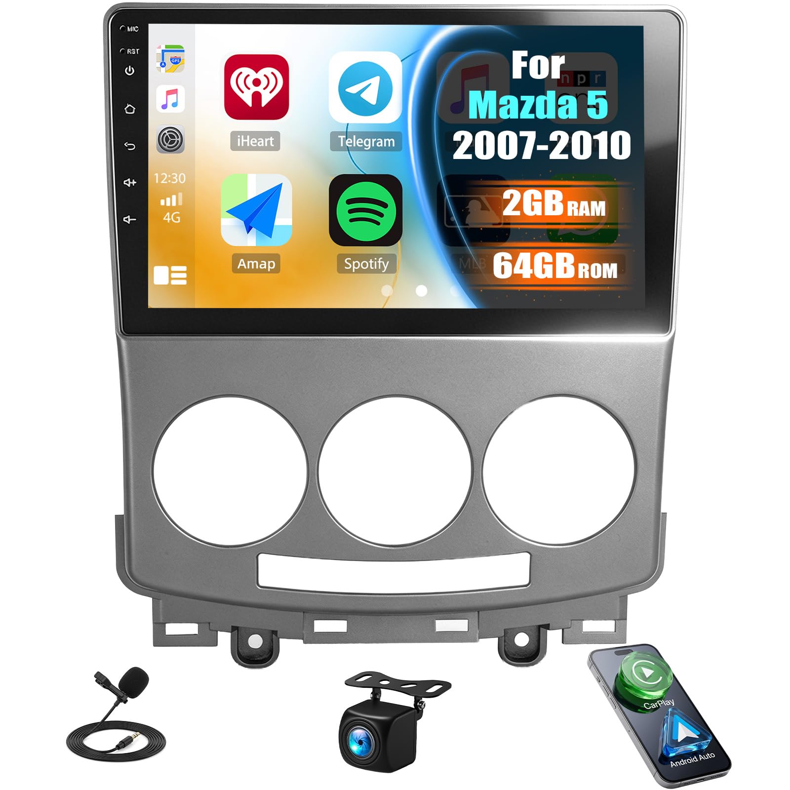 SIXTOP 2G+64G Android Radio de Coche para Mazda 5 2007 2008 2009 2010 con Carplay Android Auto Pantalla Radio Coche 9 Pulgadas con WiFi/GPS/Bluetooth/FM RDS/Mirror Link/EQ/SWC/Cámara Trasera Coche