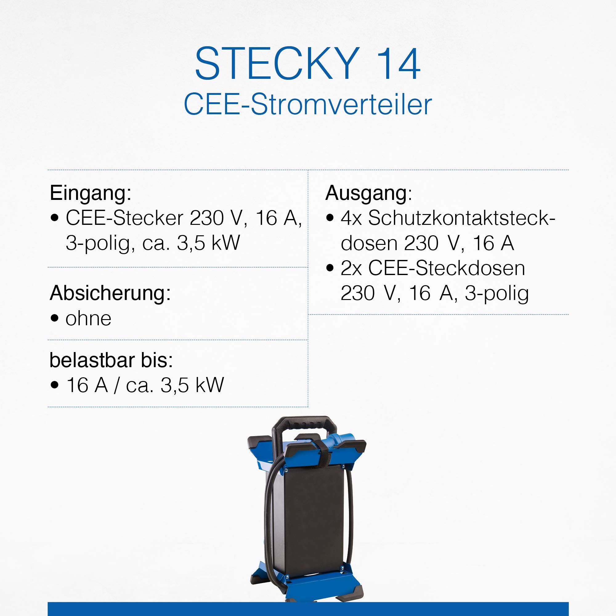 as - Schwabe Tragbarer CEE-Stromverteiler Stecky 14, CEE-Stecker + 4 Schutzkontakt-Dosen + 2 CEE-Buchsen, Mobiler Stromverteilerkasten, Verteilerdose für den Outdoor-Bereich, IP44, Made in EU, 60869