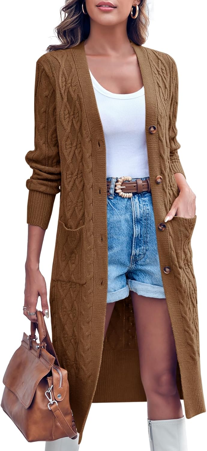 Imily Bela Gebreid vest voor dames, lange mouwen, elegant, los, casual, V- hals, open voorkant, licht, herfst, chunky gebreid, oversized, warm, lange trui voor vrouwen, met zakken, gebreide