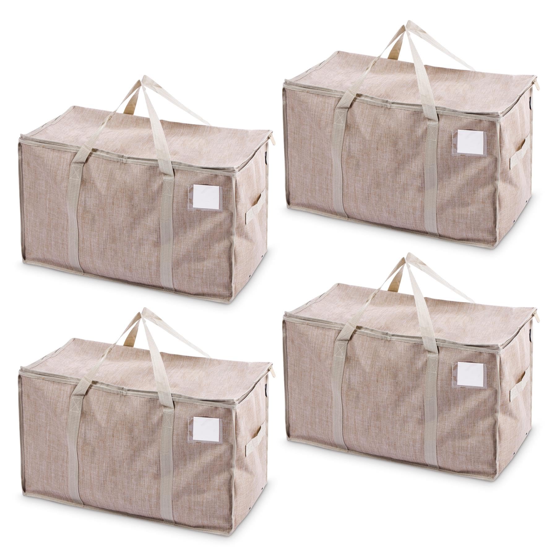 Ultimo Designs Heavy-Duty Oversized Oxford Fabric Storage Bags with Zip & Clear Tag Pocket – Water-Resistant, Durable Organizer for Moving, Clothes, Laundry, Packing & Storage (Sand, 4 Pack)
