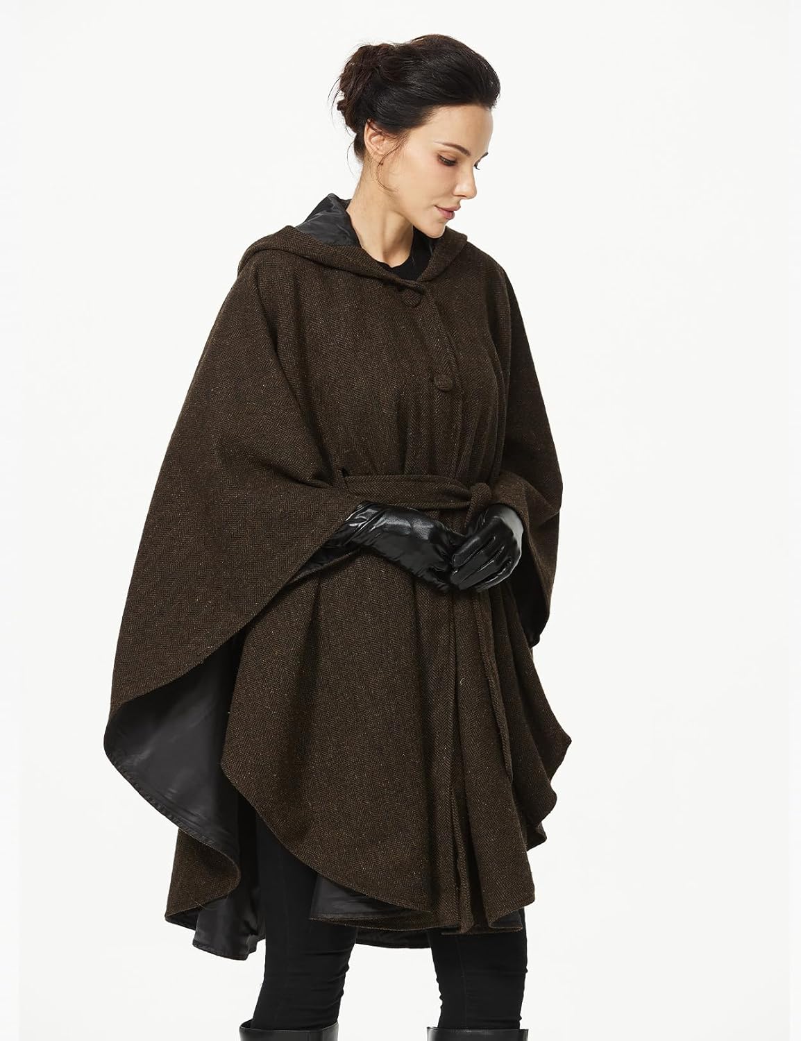 Women Wool Cape Coat with Hood Sleeveless Belted Cloak Cape Poncho for Fall Winter - Image 3