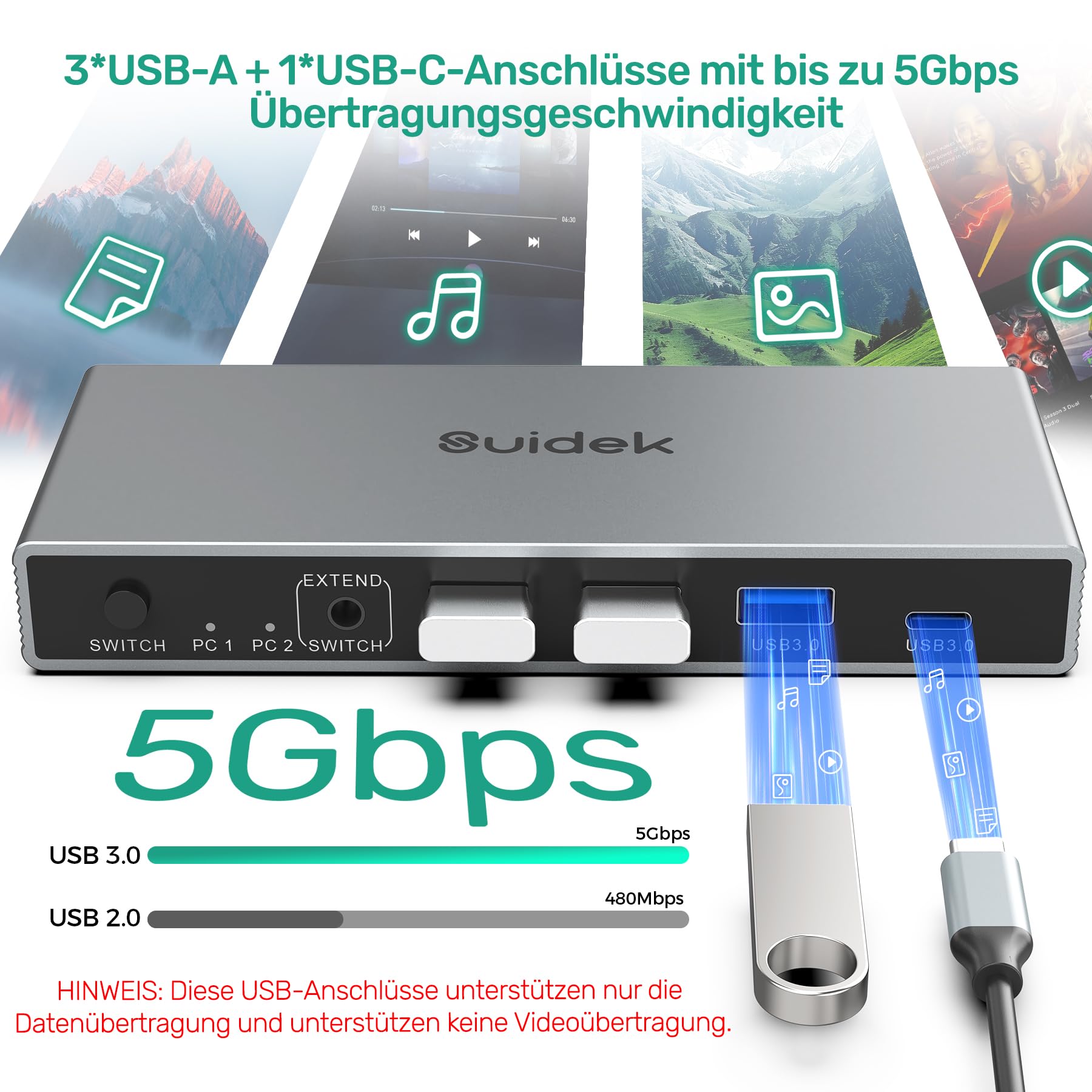 SUIDEK USB-C+HDMI KVM Switch 2 in 1 Out 4K@60Hz Aluminium mit USB 3.0-Anschlüssen für 1 Laptop und 1 Desktop teilen 1 Monitor, Tastatur, Maus und Drucker, mit USB-Kabeln/Controller