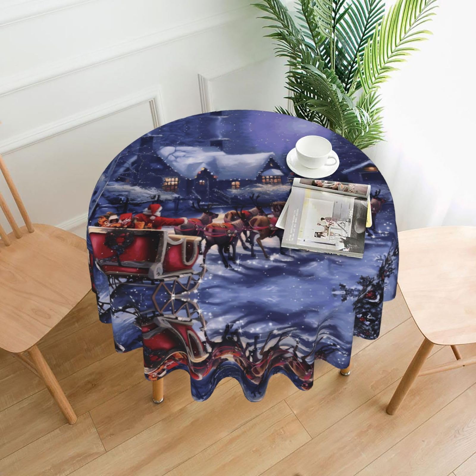 WHJSHOP Snow Night Santa and Deer Prints Round Table Throw 60 Inch – Waterproof Table Cover for Dining, Coffee Tables, Parties & More - Soft, Wrinkle-Resistant Table Layer