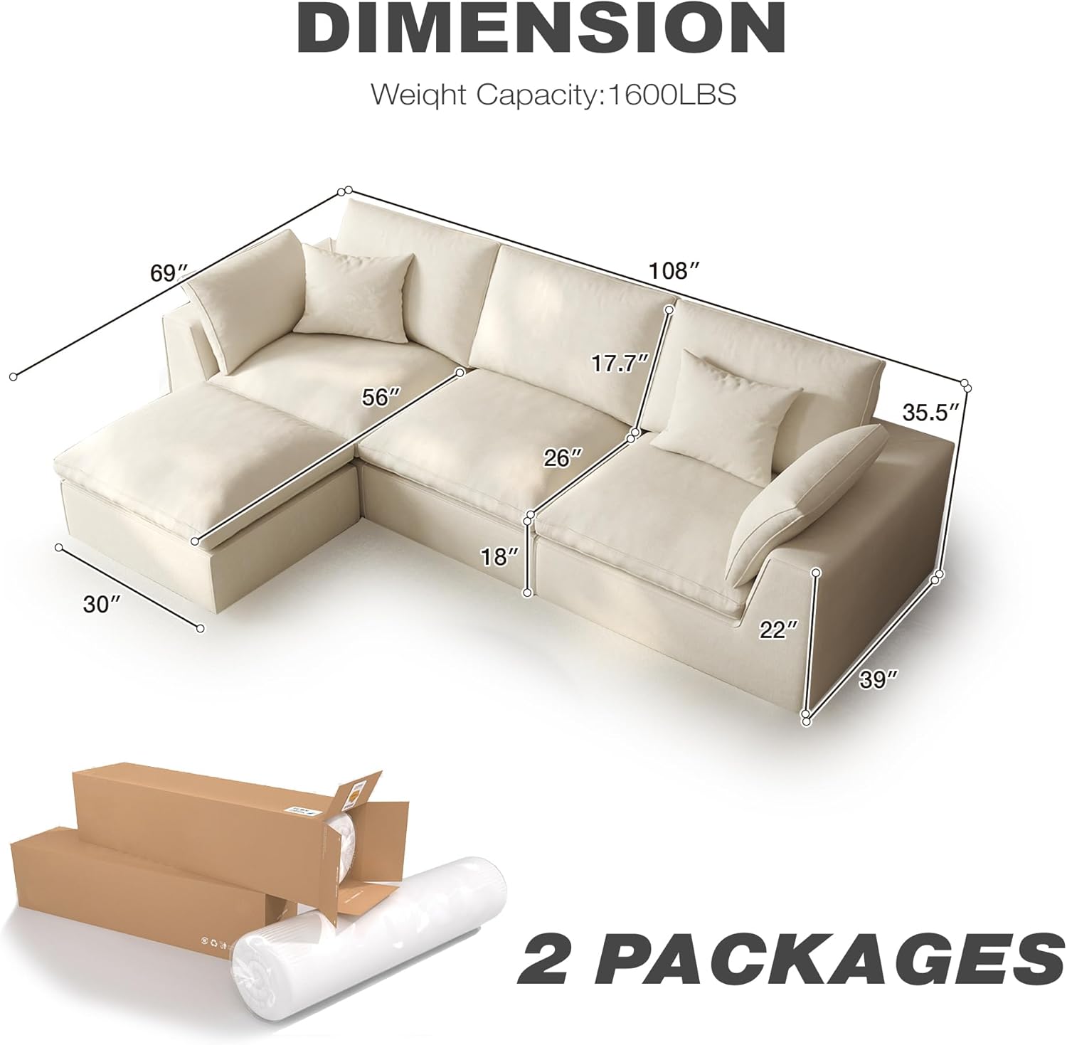 Modular Sectional Sofa with Blanket,Loveseat Boneless Couch Deep Seat Cloud Couch with Ottoman, Removable Covers, Soft Cushion Support High Back for Living Room/Apartment/Family Lounge Linen White
