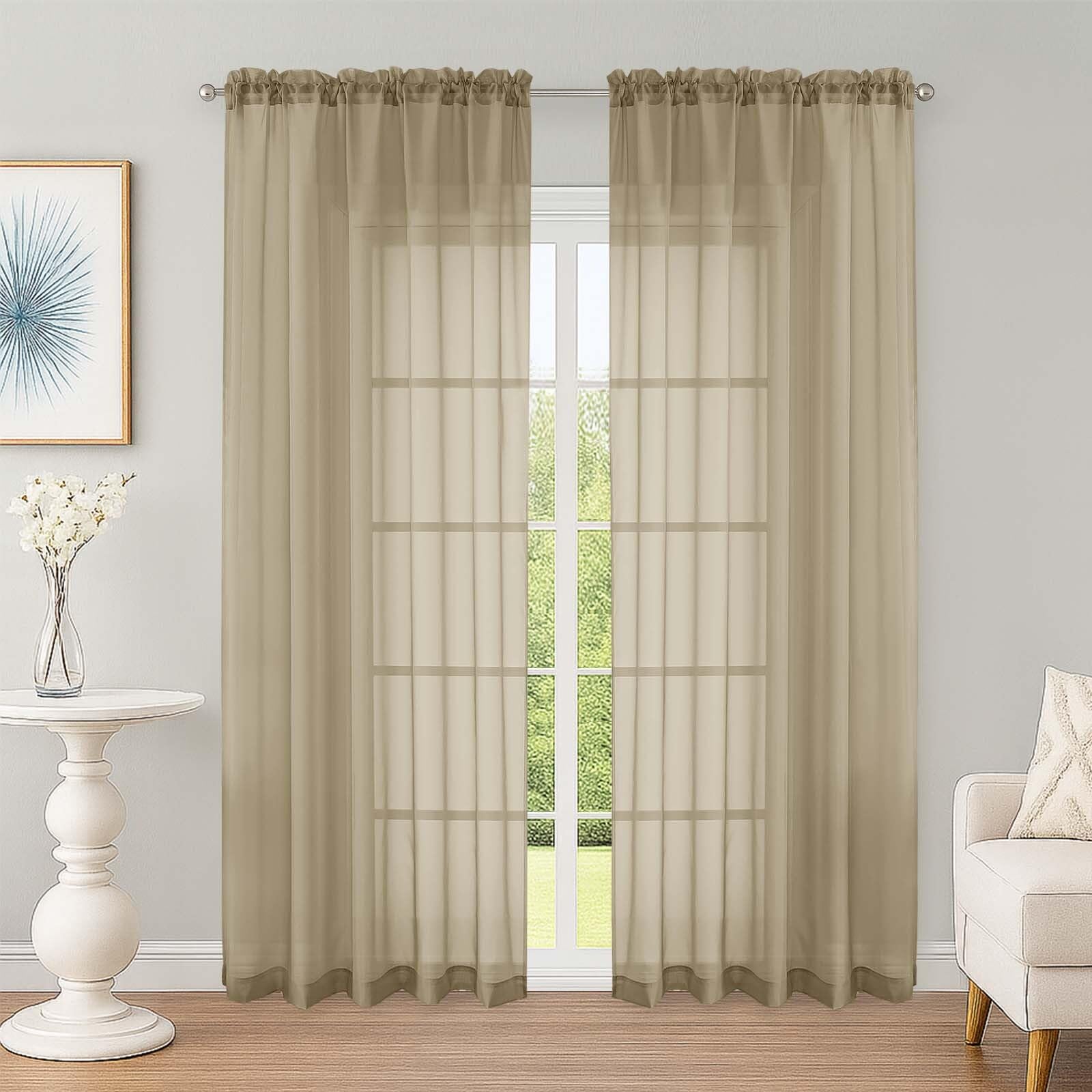 Sheer Curtains 84 Inches Long 2 Panels Set, Sheer Taupe Curtains for Living Room Bedroom 59 Inch Extra Wide, Modern Voile Filmy Rod Pocket Drapes, 2 Pcs, Each 59 W x 84L, Taupe