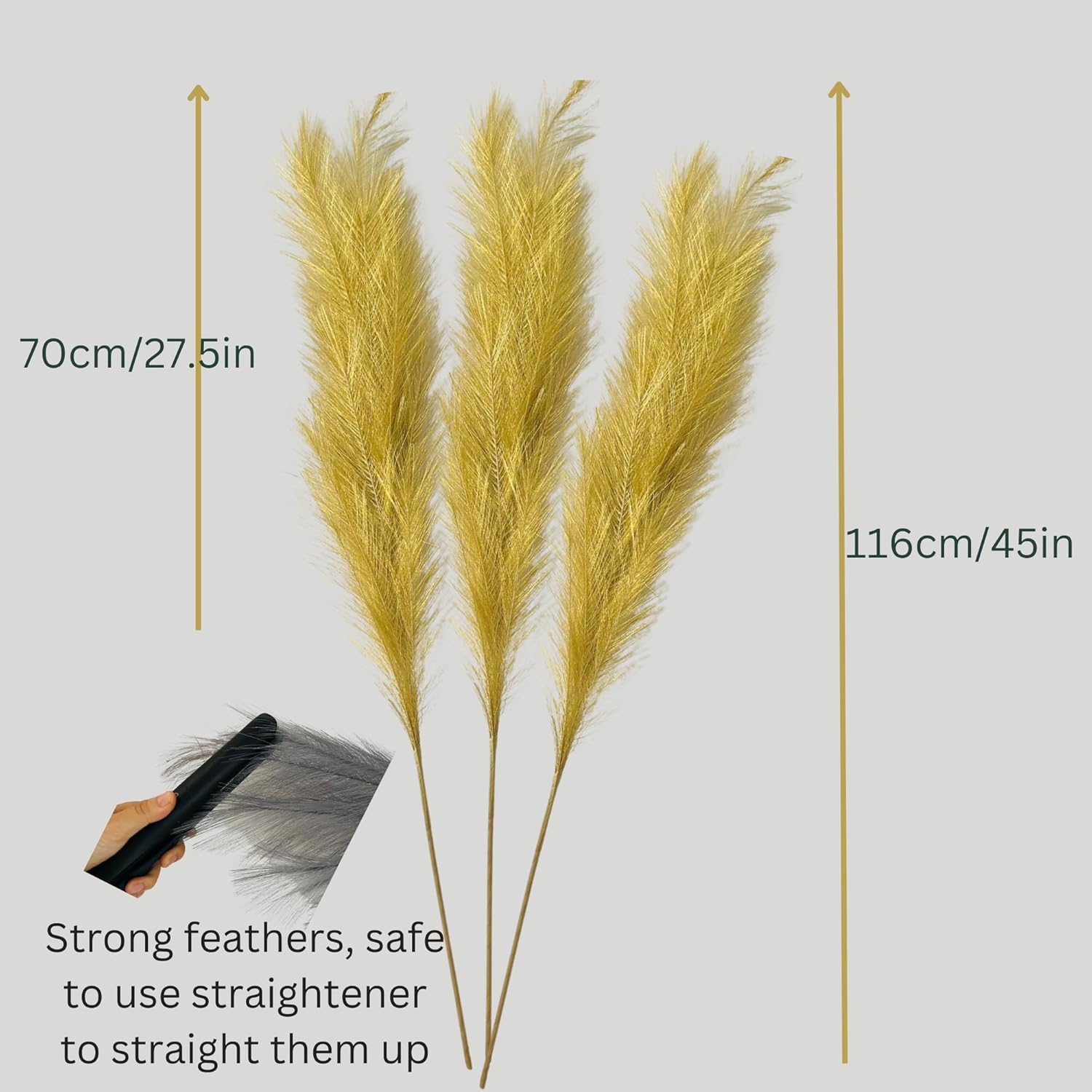 Gold Pampas Grass Decor Living Room Holiday Decor, Home Accent Decor, Gold Feathers Floral Picks, Faux Pampas Grass Tall Large Fluffy, 3 Stems x 115cm/45in