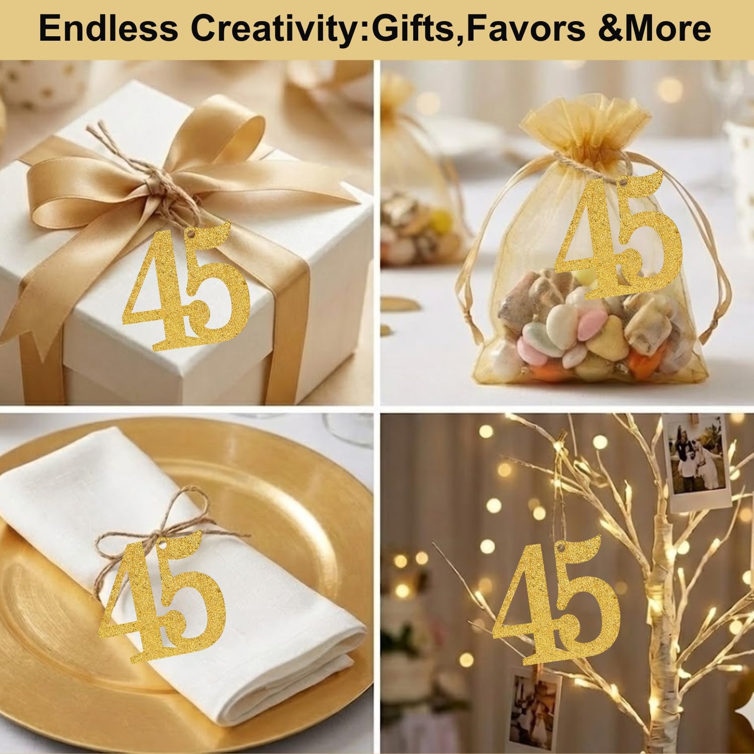 ALISSAR 24PCS Gold 45 Number Tags with 32.8 Ft Jute Twine – 45th Birthday Decorations, 45th Anniversary Party Supplies, Mason Jar Centerpieces, Gift Wrapping & Table Decor Kit - Image 3