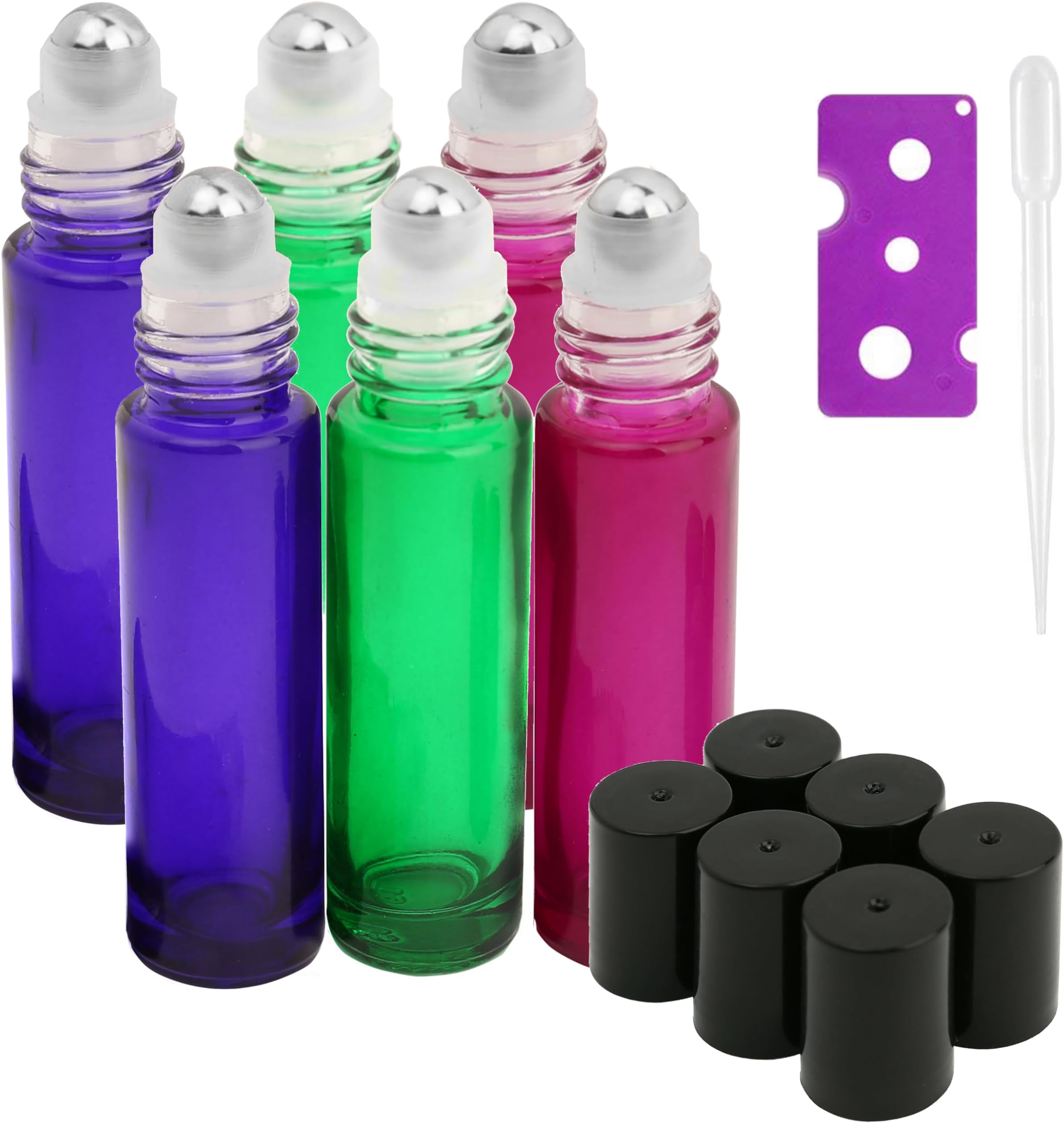 10ml Glass Roller on Bottles with Stainless Steel Roller Ball 6pcs- Refillable Essential Oil Roller Bottles with Lid Opener Pry Tool & 1 Transfer Pipettes, Great for Aromatherapy, by JamHooDirect