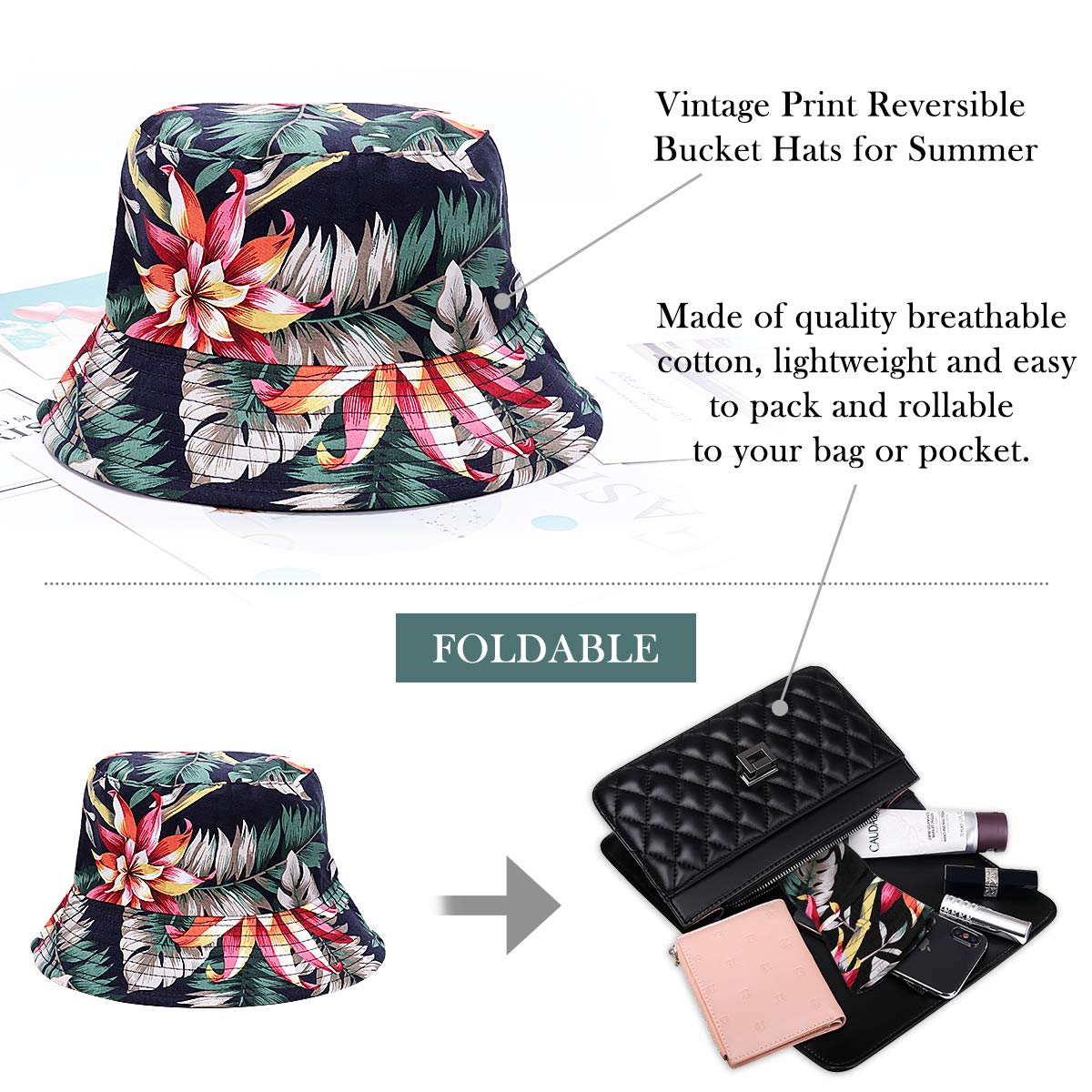 Feng Shui， Sombreros de Pescador para Mujer - Sombreros de Sol de Playa de Verano de algodón Reversible Sombrero de Pescador Plegable para Viajes Playa Senderismo Reino Unido
