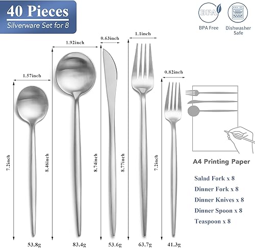 Miniatura 2 de EIUBUIE - Juego de cubiertos negros mate, 40 piezas de acero inoxidable de alta calidad para 8, juego de cubiertos mate, juegos de utensilios de
