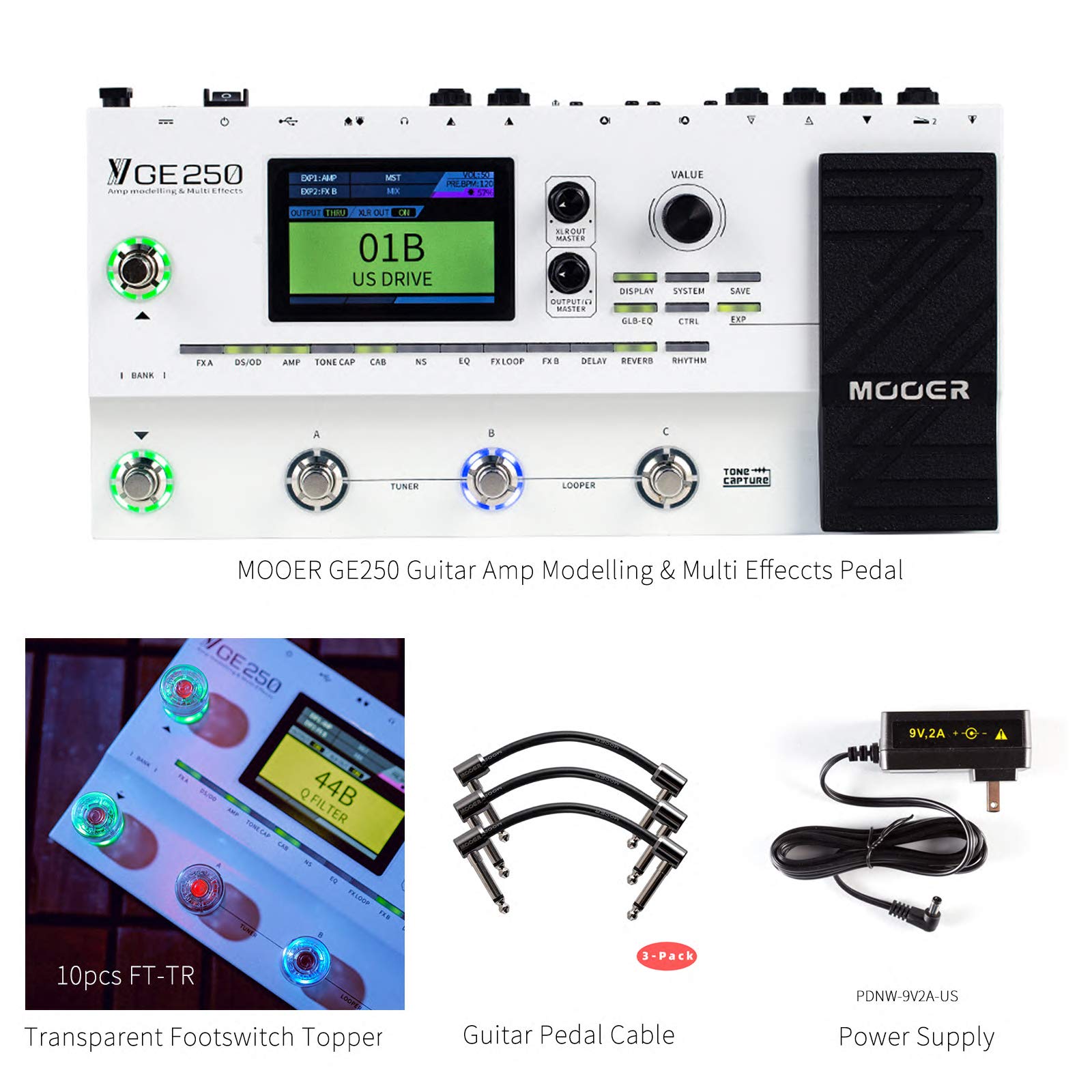 MOOER GE250 Multi Effects Pedal bundled with durable clear pedal footswitch topper,Extra Negative Ti