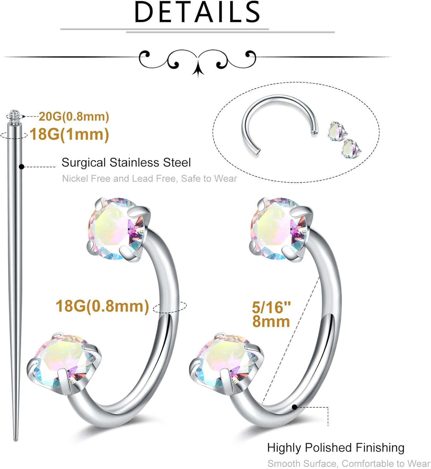 MODRSA Silver Gold Horseshoe Nose Ring 18g Horse Shoe Nose Rings for Women Surgical Steel Half Cartilage Tragus Earring Hoop Double Gem Labret Lip Helix Piercing Jewelry Septum Rings 18 Gauge 8mm - Image 2