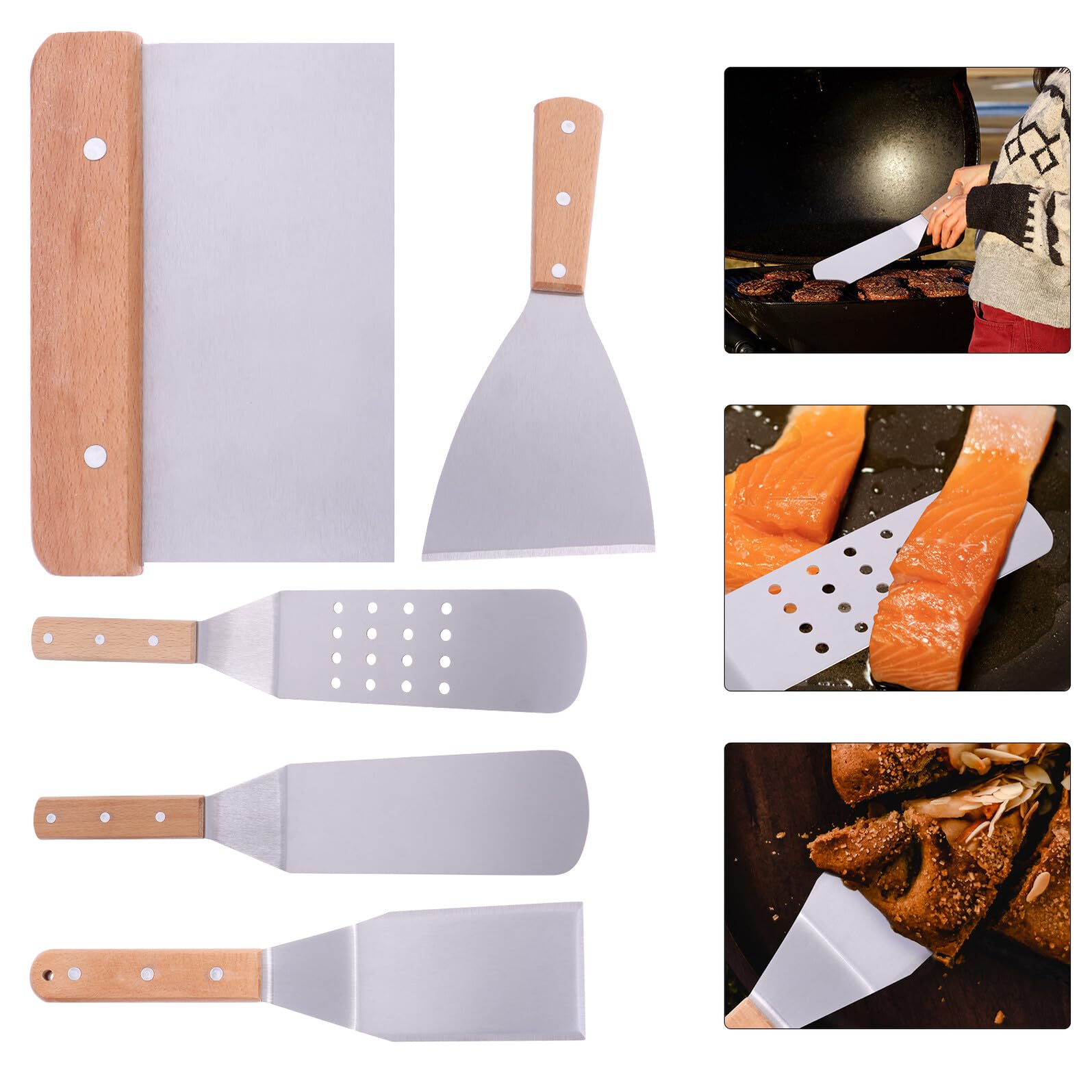 Espátulas de Cocina Acero Inoxidable 5 Piezas Mango de Madera Pala de Transferencia Multifuncional para Pizza Filetes y Repostería Utensilios Prácticos para Hogar y Restaurante