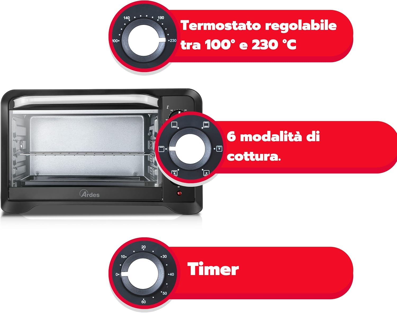 ARDES MAGNUS AR6222PB, Electric Vented Oven, Capacity 20 Liters, 6 Cooking Functions Dual Glass Timer with Accessories (No Interior Light)