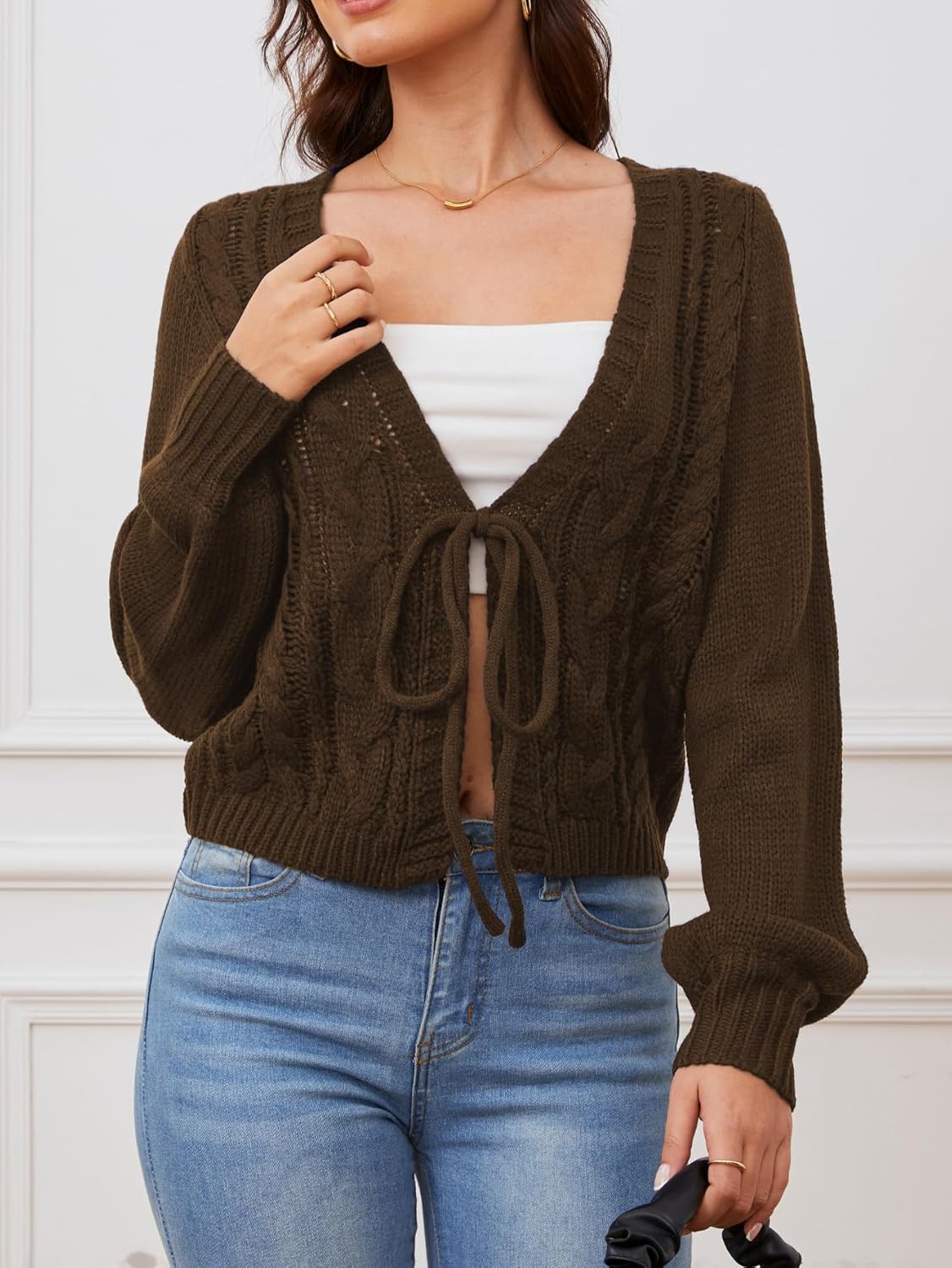 SOLY HUX Cardigan Sweaters for Women Cropped Tie Front Bow Lightweight Cardigan Long Sleeve Trendy Fall Shrugs - Image 4