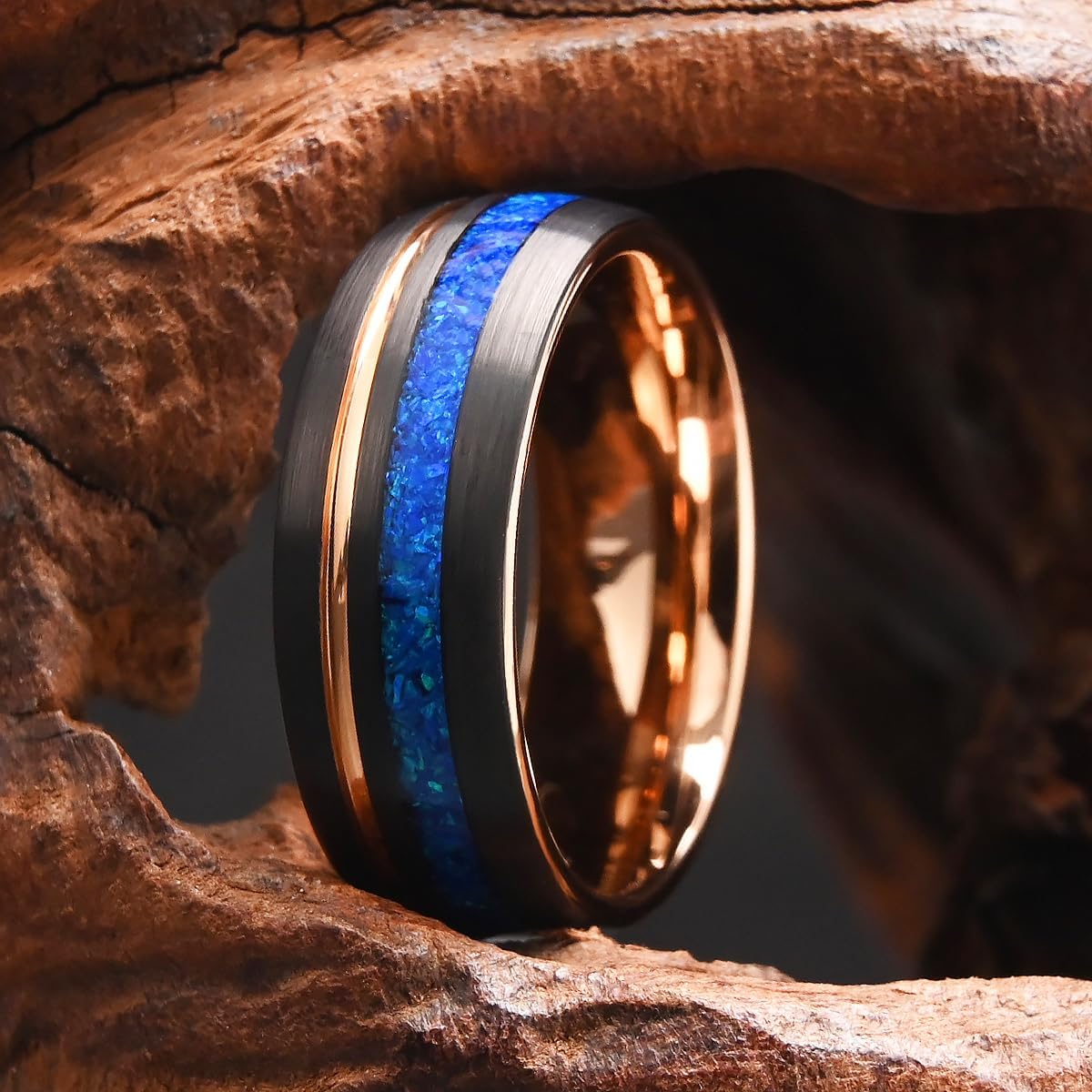 Tungsten Carbide Rings for Men Women 8mm Men's Engagement Wedding Bands Rose Golden Grooved Inlaid Blue Opal Matte Brushed - Image 5