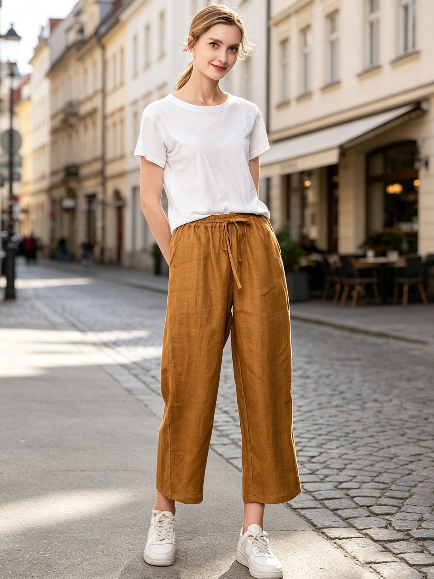 FTCayanz Donna Pantaloni Larghi Lino Vita Alta Pantaloni Gamba Larga Estivi con Coulisse