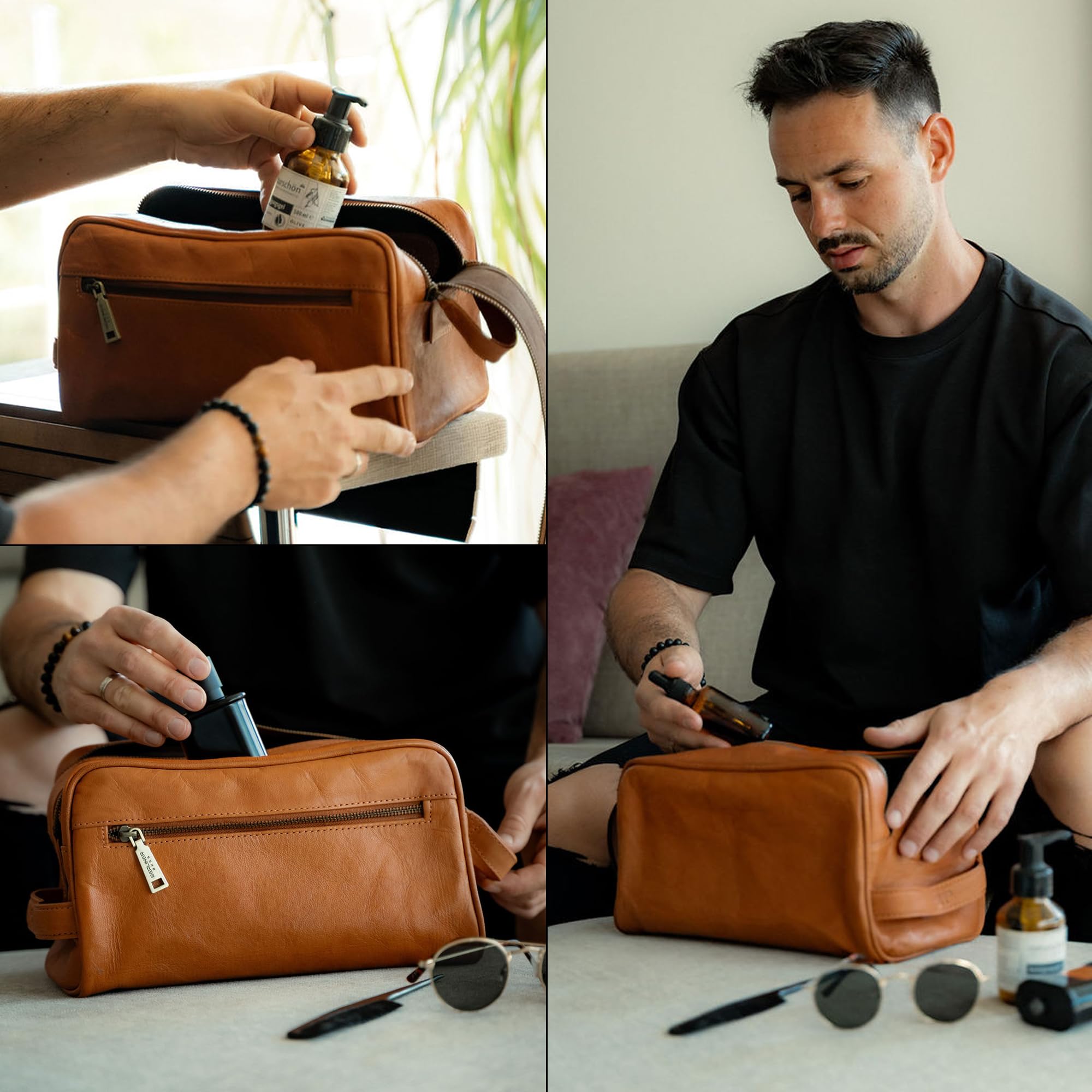 Berliner Bags Tim XL Neceser de Piel Auténtica, Gran Bolso de Aseo con Cremallera YKK, Bolsillos Interior y Exterior, Forro de Algodón y Asa de Mano – Marrón