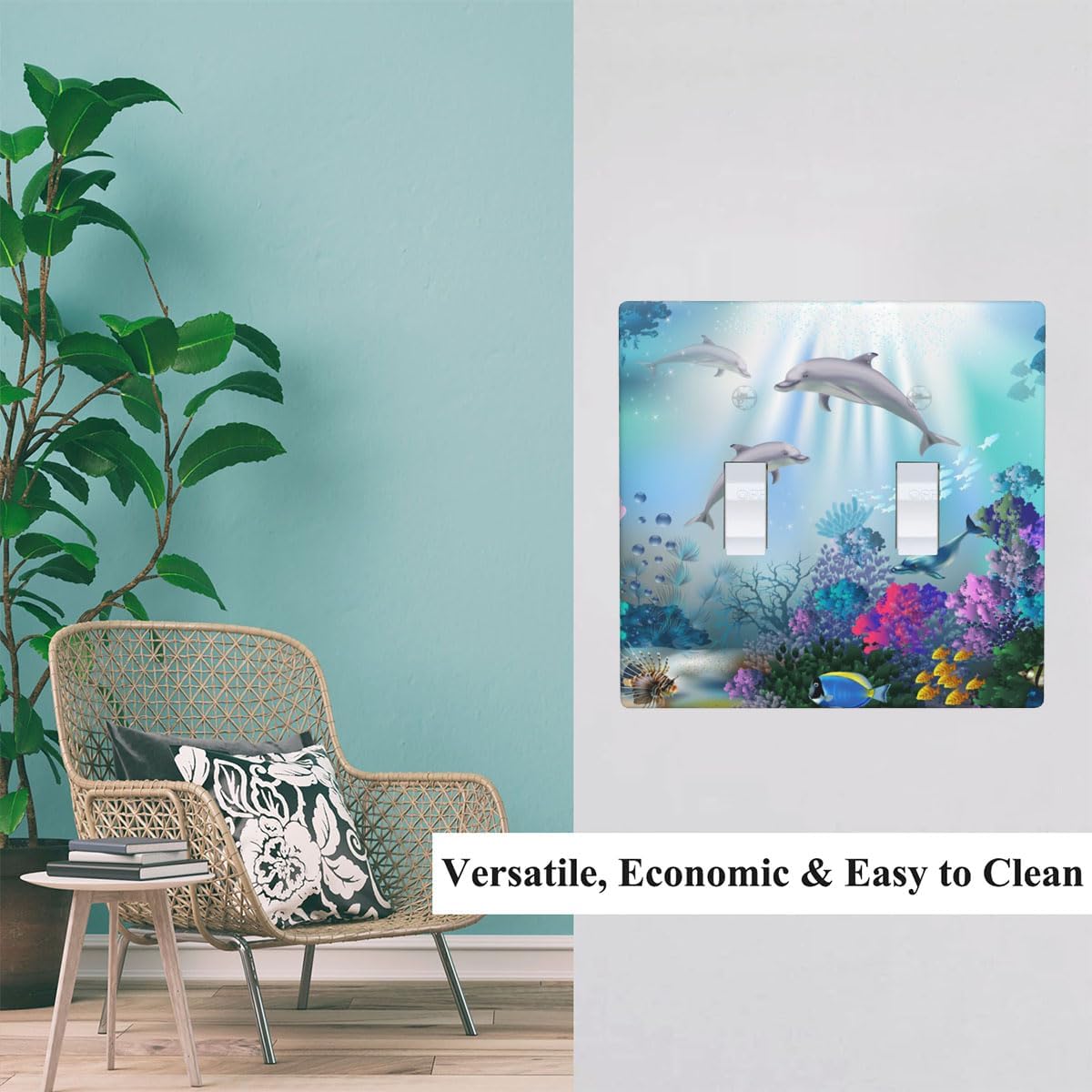 Sea Double Toggle Light Switch Cover Ocean Dolphin Shark Underwater Aquarium Corals Blue Wall Plate Covers 2-Gang Toggle Switch Plates Home Decorative Office