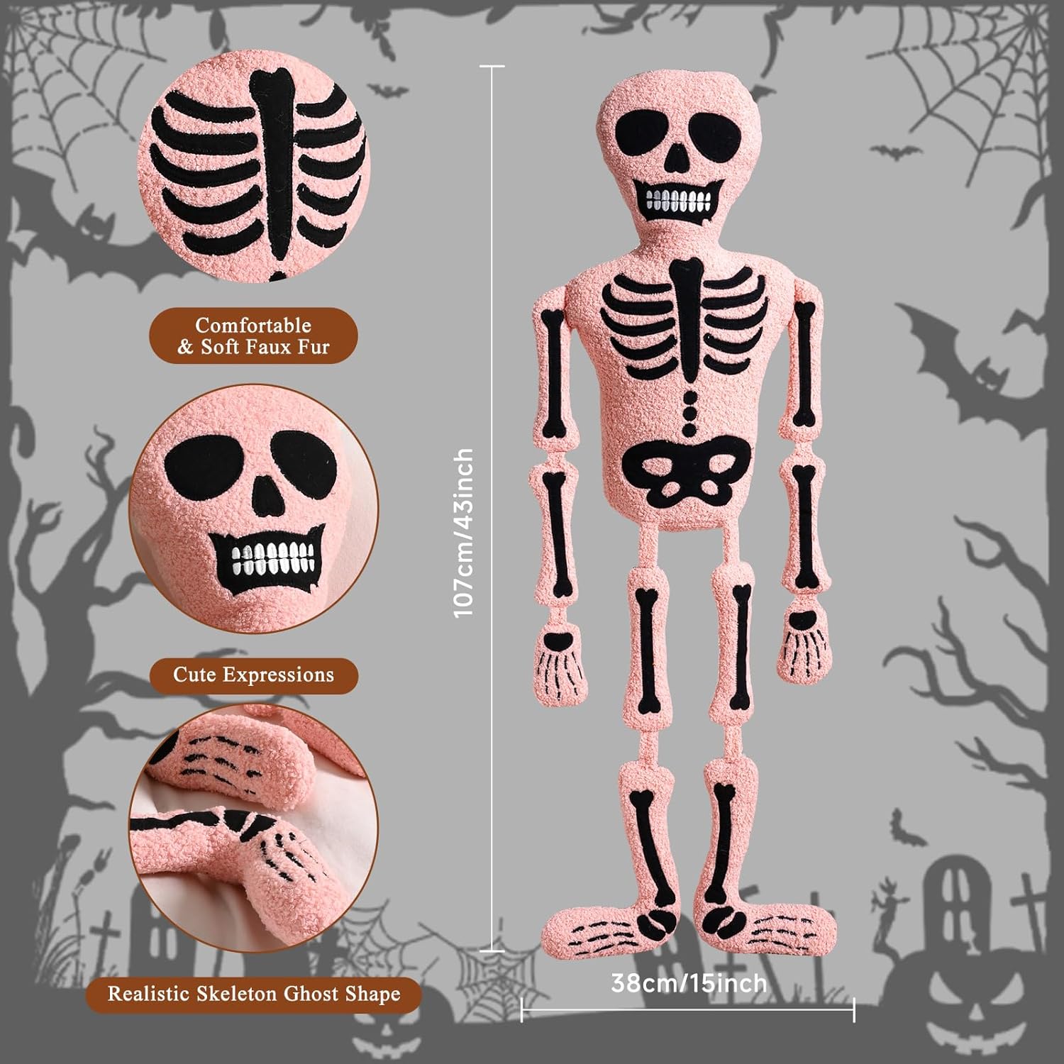 Lanpn Halloween Skeleton Throw Pillows, Human Shaped Skeleton Body Decorative Gothic Soft Plush Pillow Cushion for Gift Party Home Sofa Couch Bed Indoor Halloween Decor (Pink,15 x 43 inch)