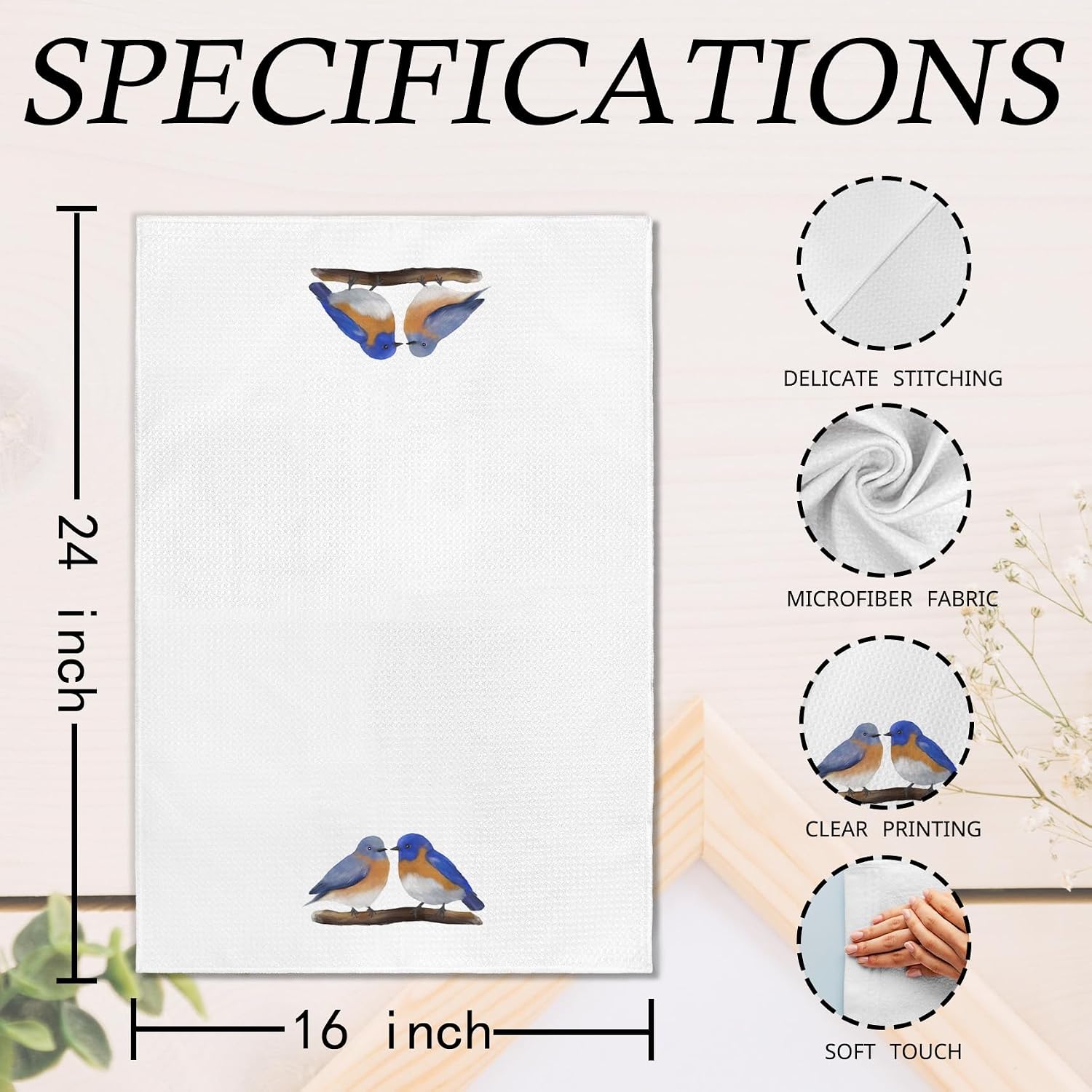 Blue Bird Kitchen Towels, Rustic Farmhouse Eastern Bluebird Hand Towels for Bathroom Decor, Bird Lovers Gifts for Women Men Dishcloths Dish Towel for Kitchen 16x24 Inches