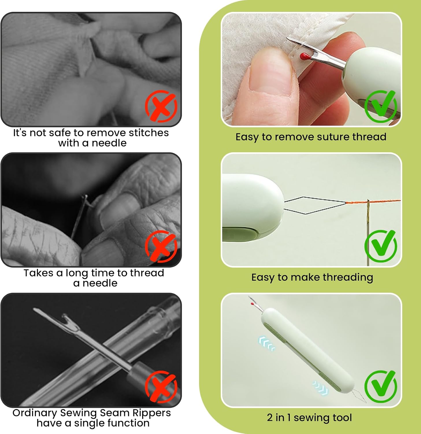 HOIRIX Seam Rippers, Automatic Seam Rippers & Needle Threader Kit,Sewing Seam Thread Remover for Sewing/Crafting Removing Threads Tools,Sewing Tools (Green+White)