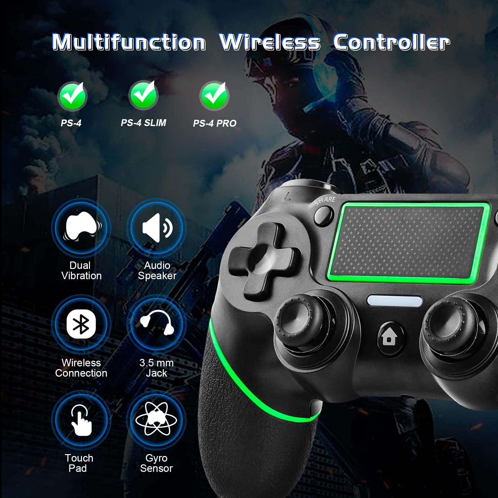 Holilo Controller wireless per PS-4, controller di gioco compatibile con P-S4/Pro/Slim Gamepad con Doppia Vibrazione/Sensore Giroscopico a 6 Assi/Risveglio/Touch Panel-Verde
