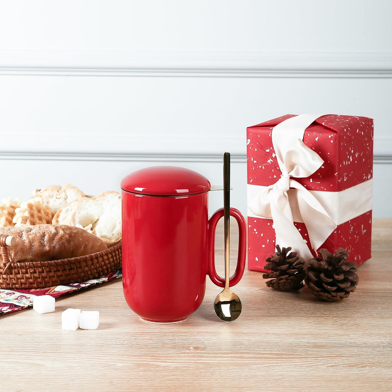 vicrays Ceramic Tea Mug Infuser - Large Cup 16 oz Hot Loose Steeping Handle Teacup with Leaf Infuser Spoon Lid - Tall Glazed Strainer Coffee Mug Microwave Safe - Red image 5
