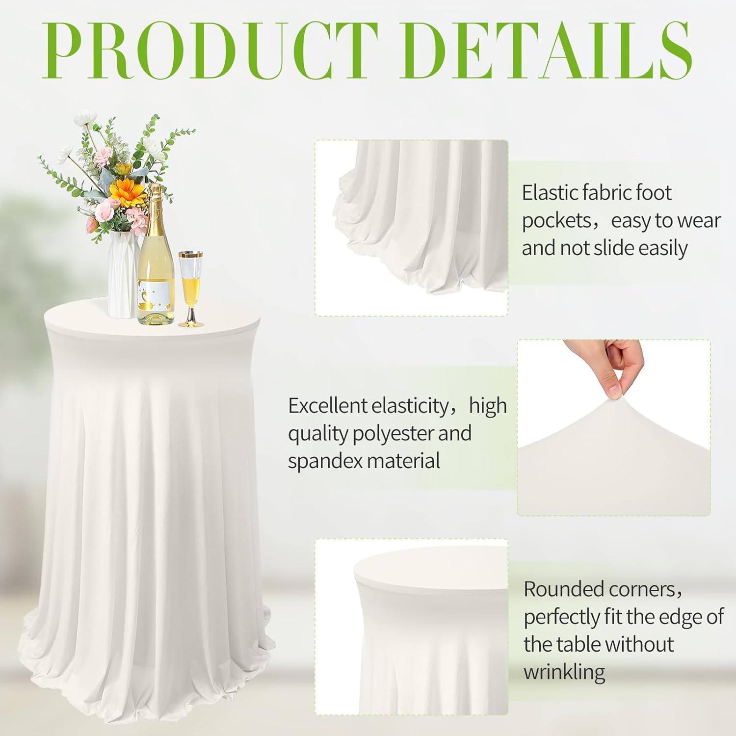 Tegeme 1 Pack 32 x 43 Inch Round Spandex Cocktail Tablecloths with Skirt Cocktail Round Table Cover Spandex Stretch Tablecloth for Fitted High Top Table Bar Wedding Party Banquet (Ivory)