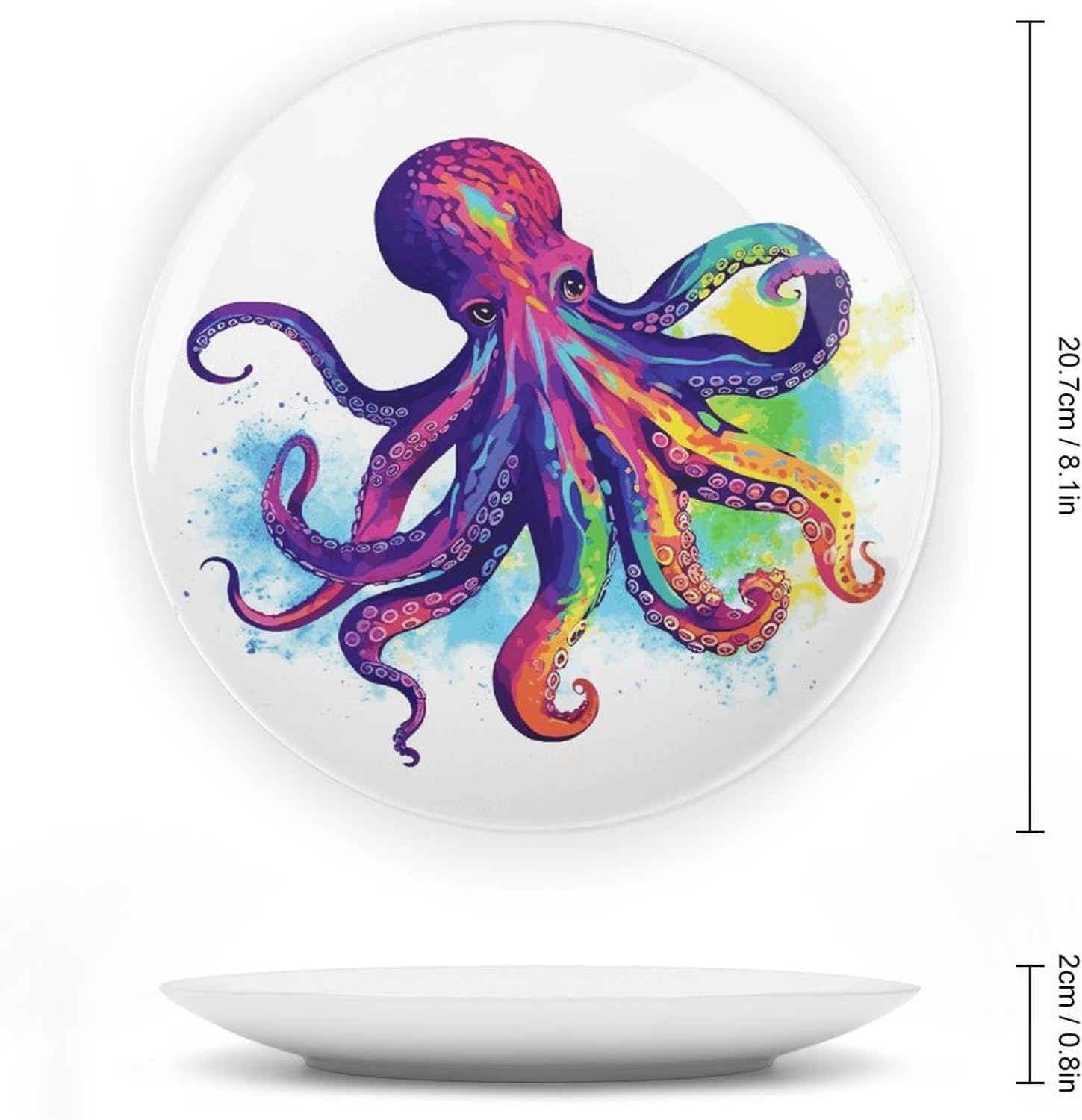 Colorful Octopus Bone China Decorative Plate with Display Stand, Ceramic Ornaments Plate for Wall Hanging, Personalized Porcelain Plates for Office, Living Room 8inch