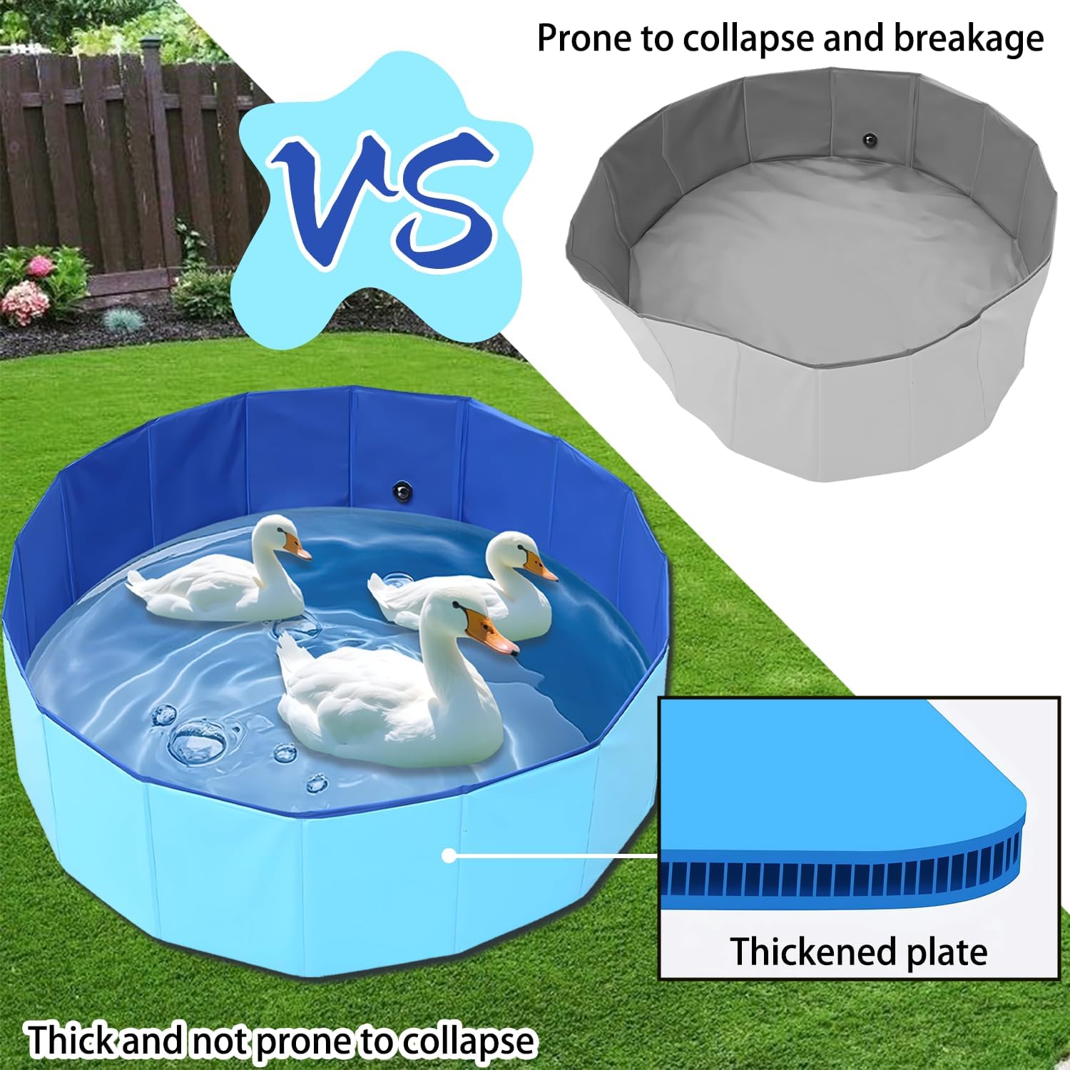 Upgraded Large Duck Pool with Drain Plug, 39 x 12 Inch Extra Tough PVC Ducks Swimming Pool for Pet, Dogs, Cats, Blue Hard Plastic Portable Foldable Pond for Indoor Outdoor Use